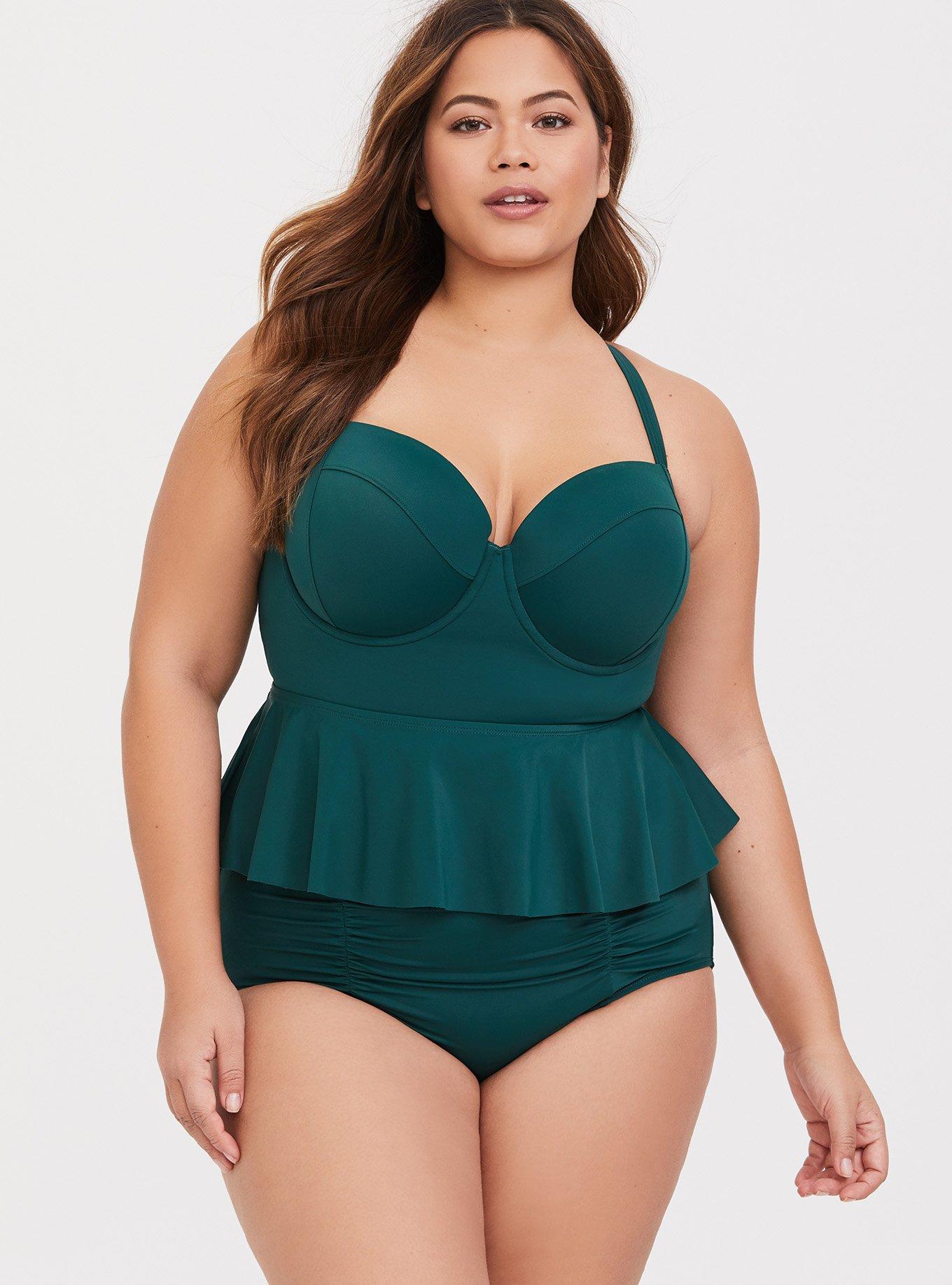 Plus Size Green Push-Up Demi Peplum Midkini Top, , hi-res