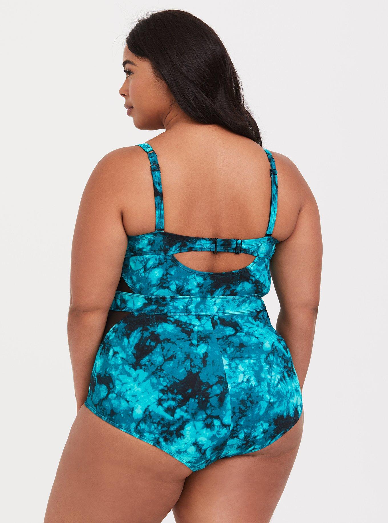 Plus Size - Teal Tie-Dye Mesh Inset One-Piece Swimsuit - Torrid