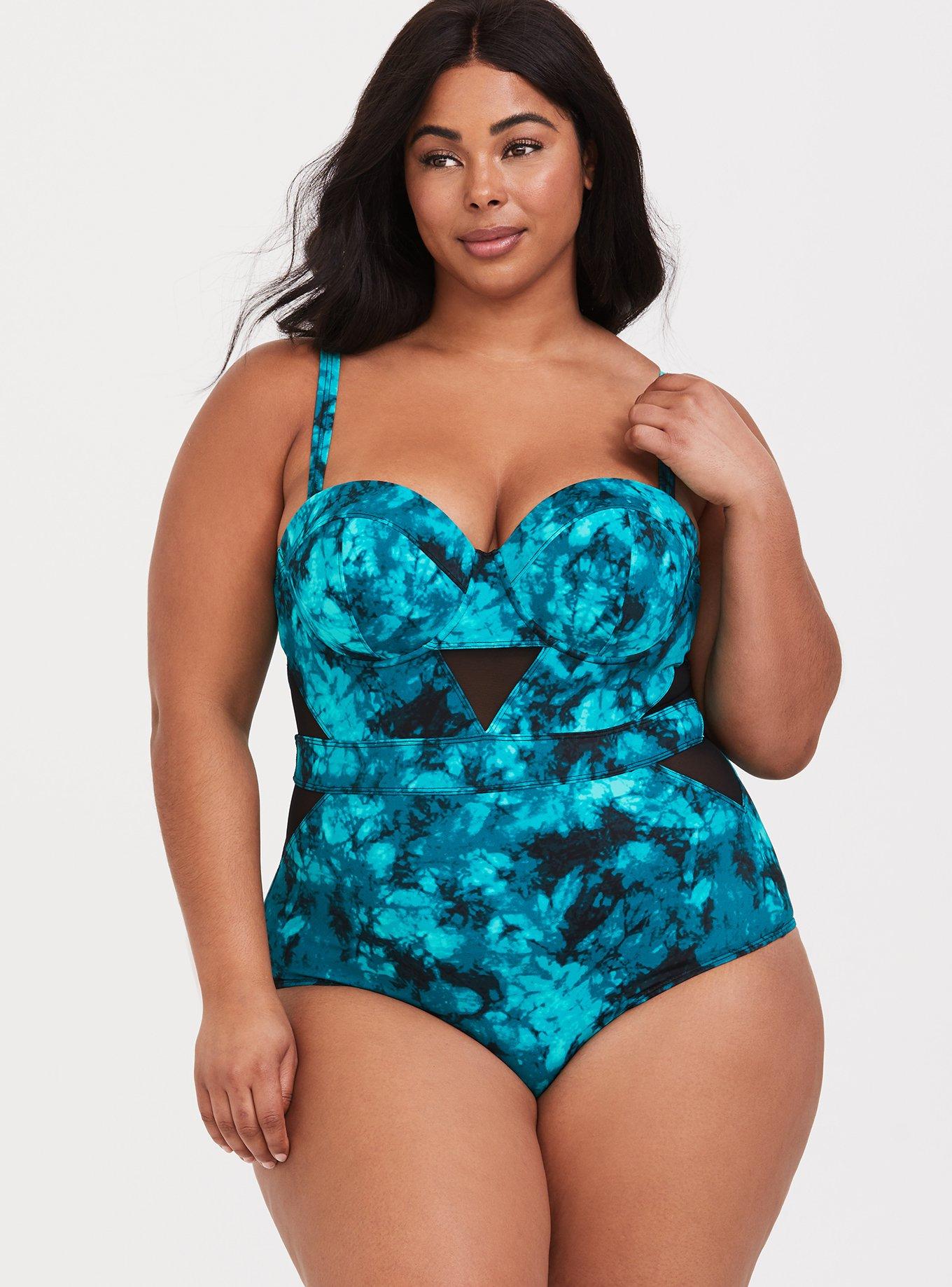 Plus Size - Teal Tie-Dye Mesh Inset One-Piece Swimsuit - Torrid