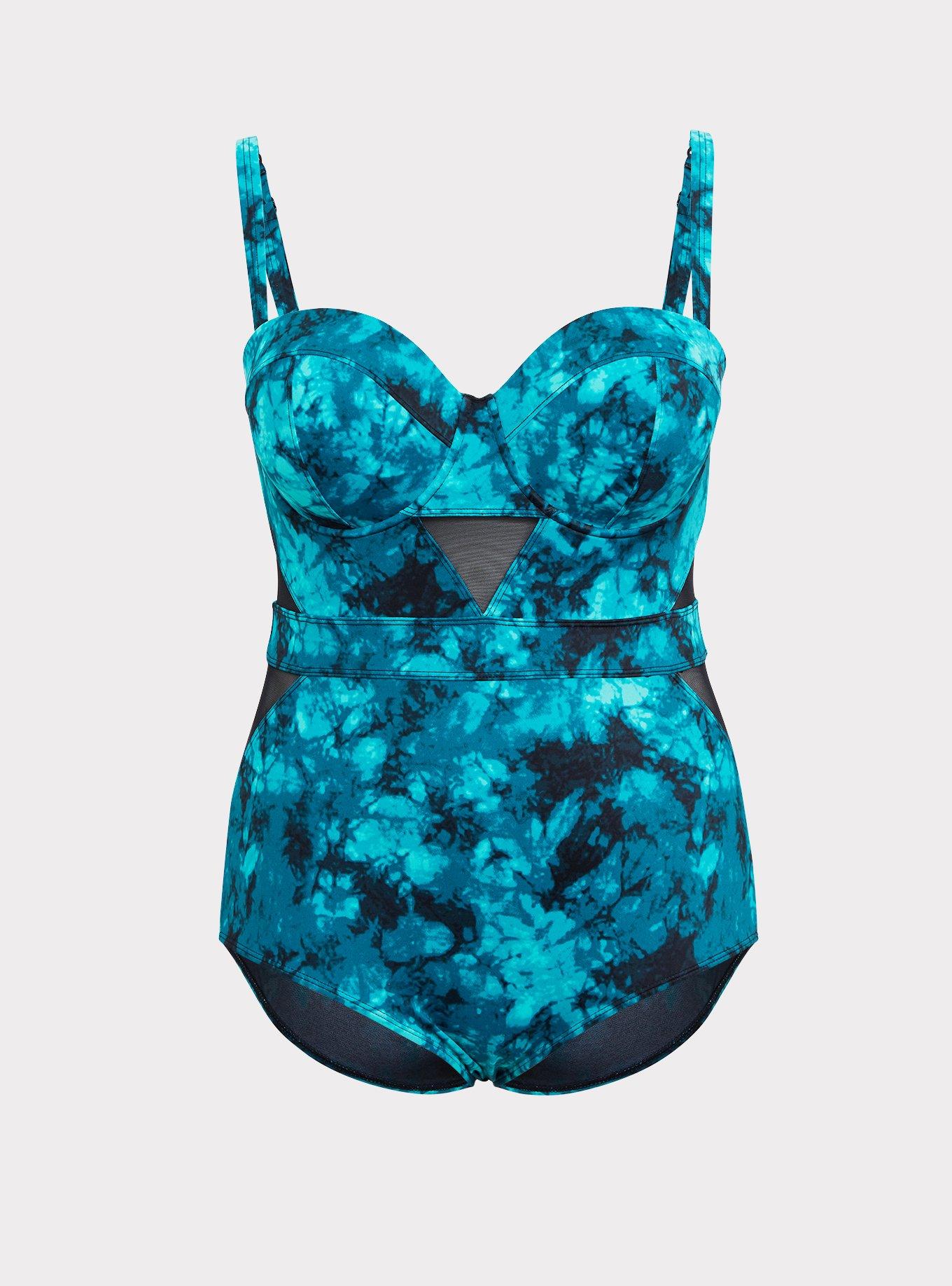 Teal Tie-Dye Mesh Inset One-Piece Swimsuit, , hi-res
