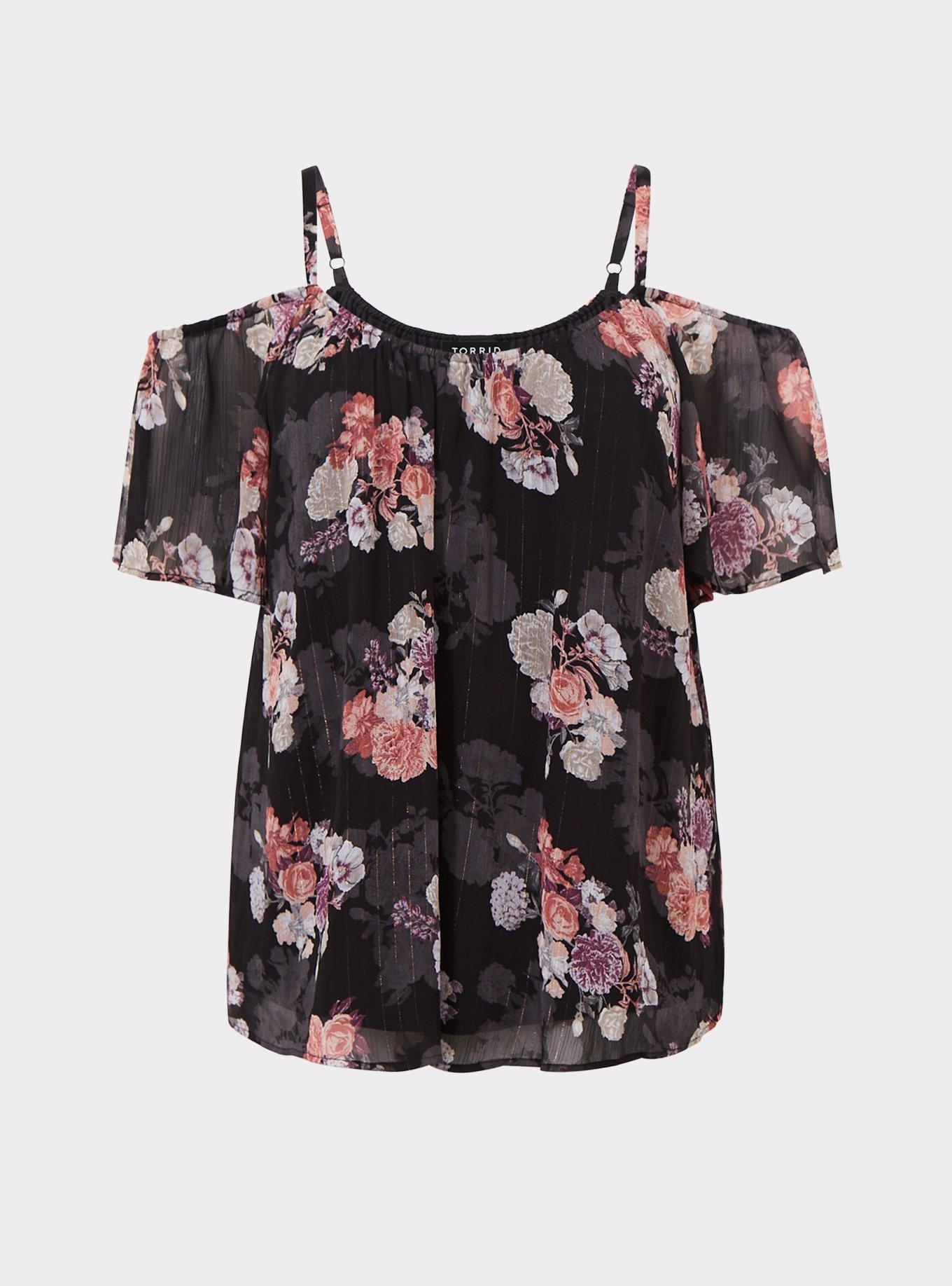 Plus Size Black Floral Lurex Cold Shoulder Top Torrid