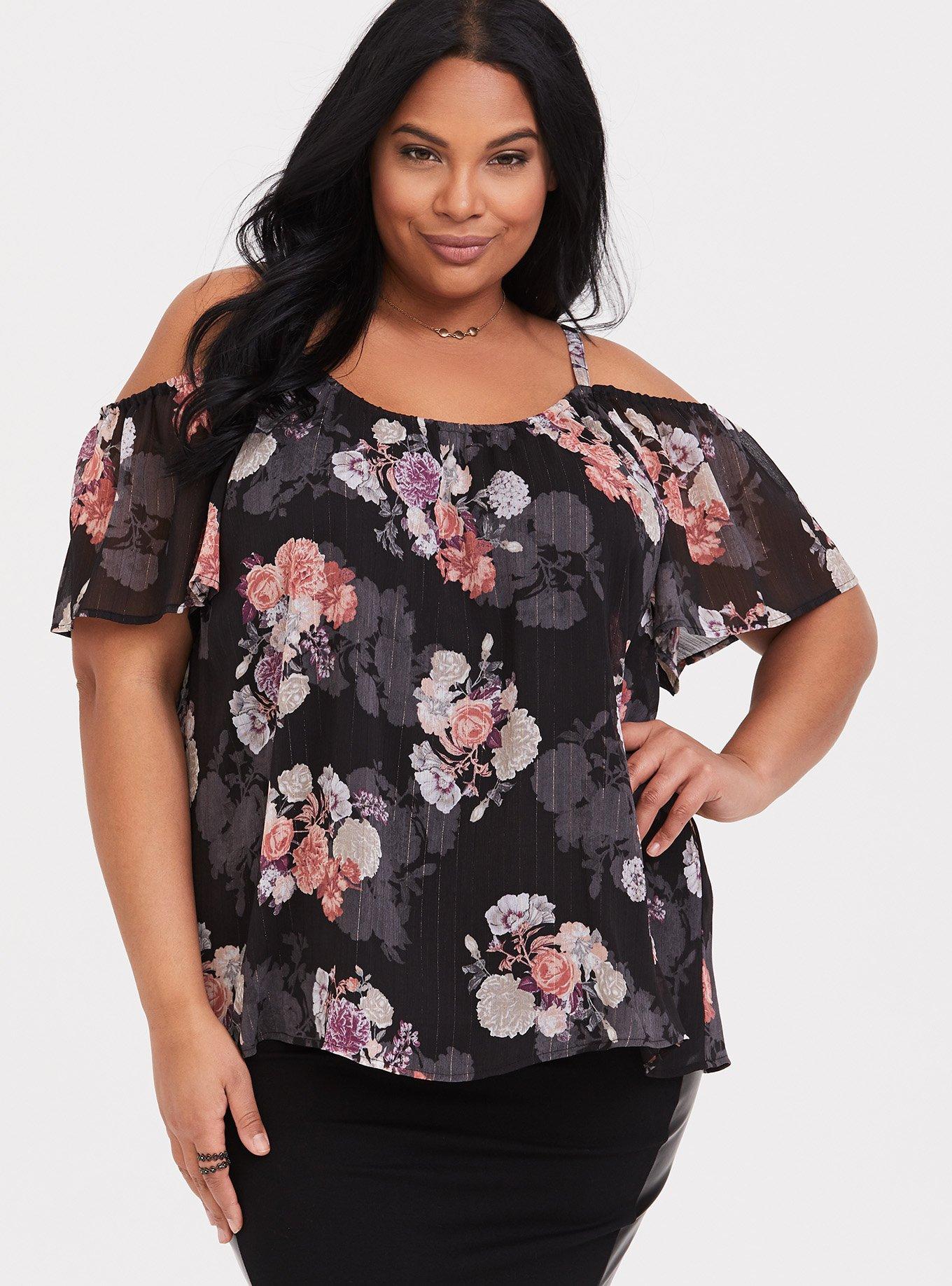 Plus Size Black Floral Lurex Cold Shoulder Top Torrid