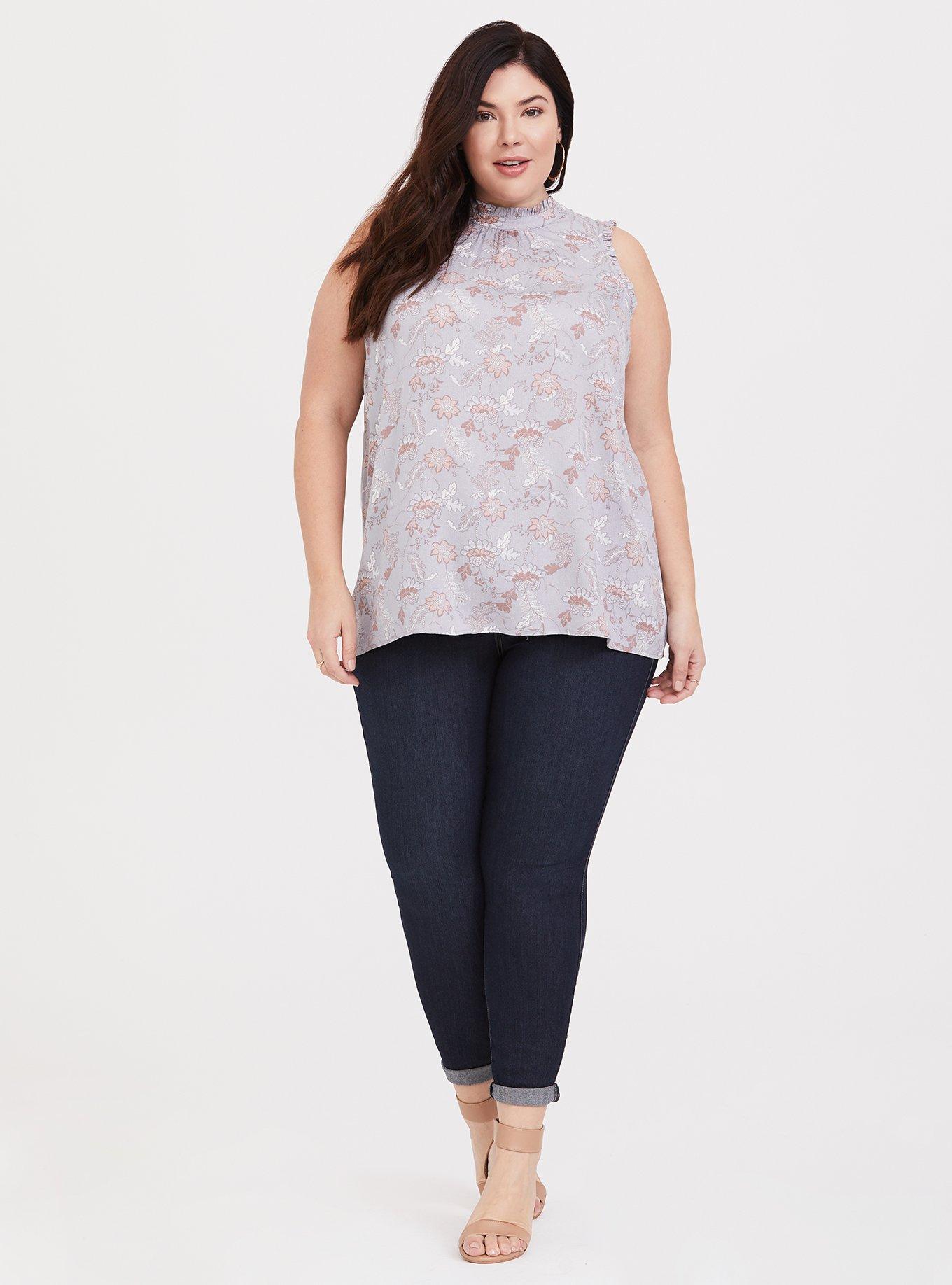 Plus Size Dusty Purple Floral Ruffle Mock Neck Tank, MULTI FLORAL, alternate