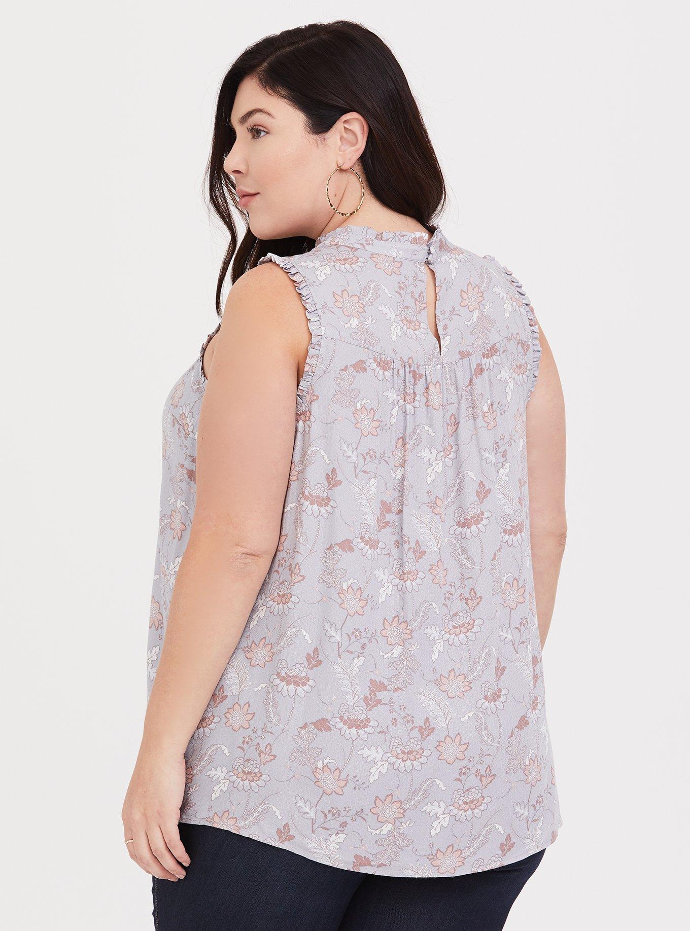 Plus Size Dusty Purple Floral Ruffle Mock Neck Tank, MULTI FLORAL, alternate