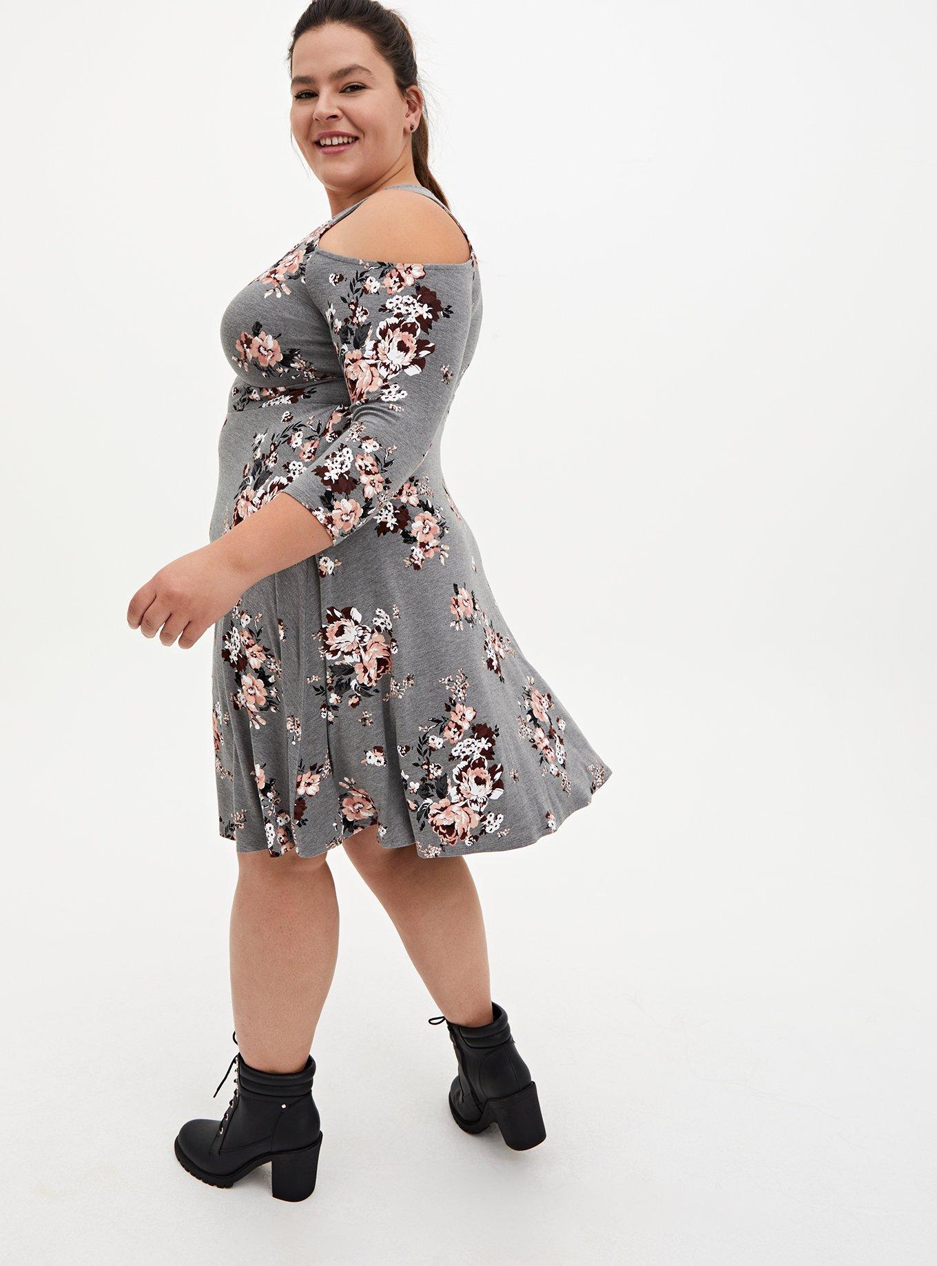 Plus Size - Grey Floral Jersey Skater Dress - Torrid