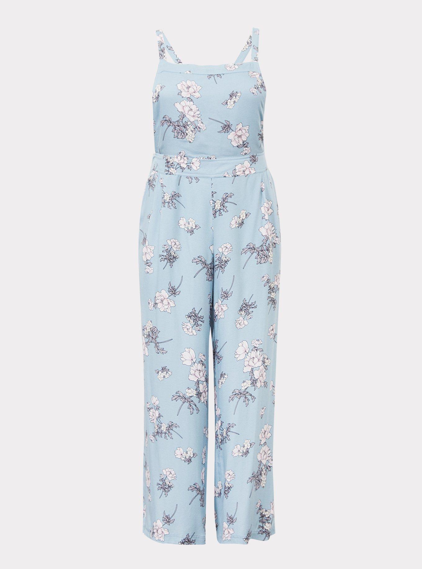 Plus Size Blue Floral Crepe Wide Leg Overall, BLUE FLORAL, hi-res
