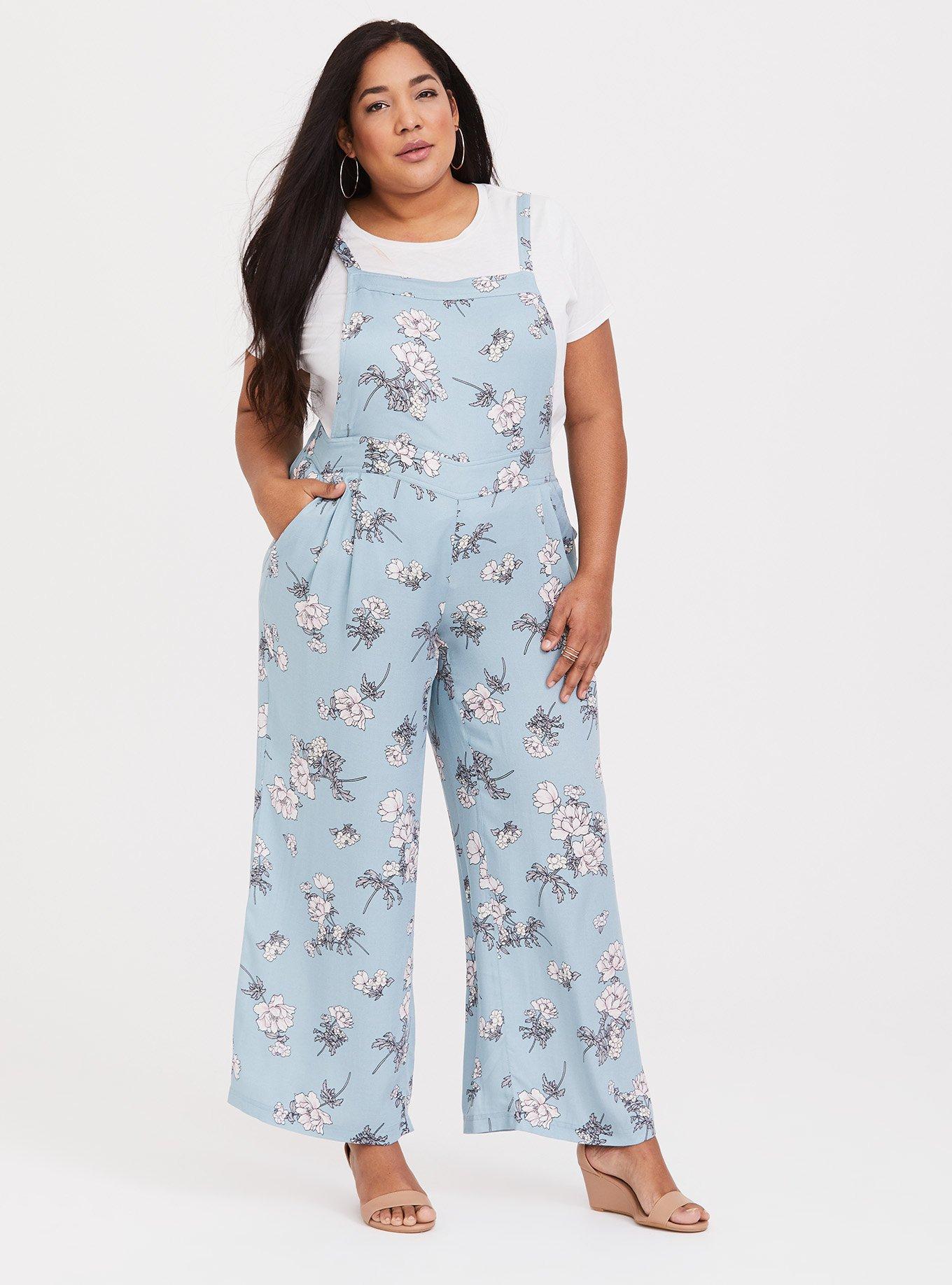 Plus Size Blue Floral Crepe Wide Leg Overall, BLUE FLORAL, hi-res