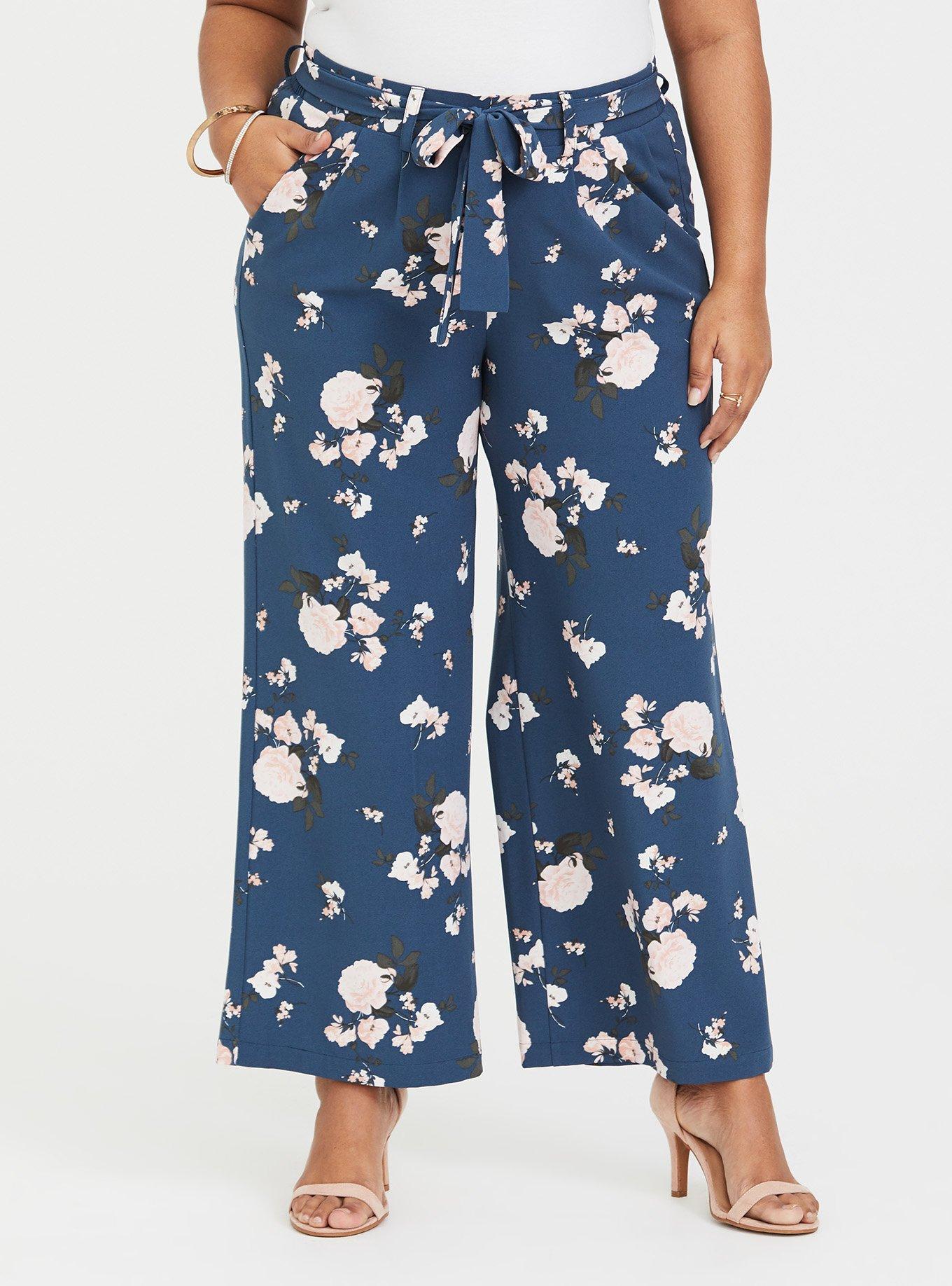 Plus Size Blue Floral Crepe Tie Front Wide Leg Pant, LOVELY DAY, alternate