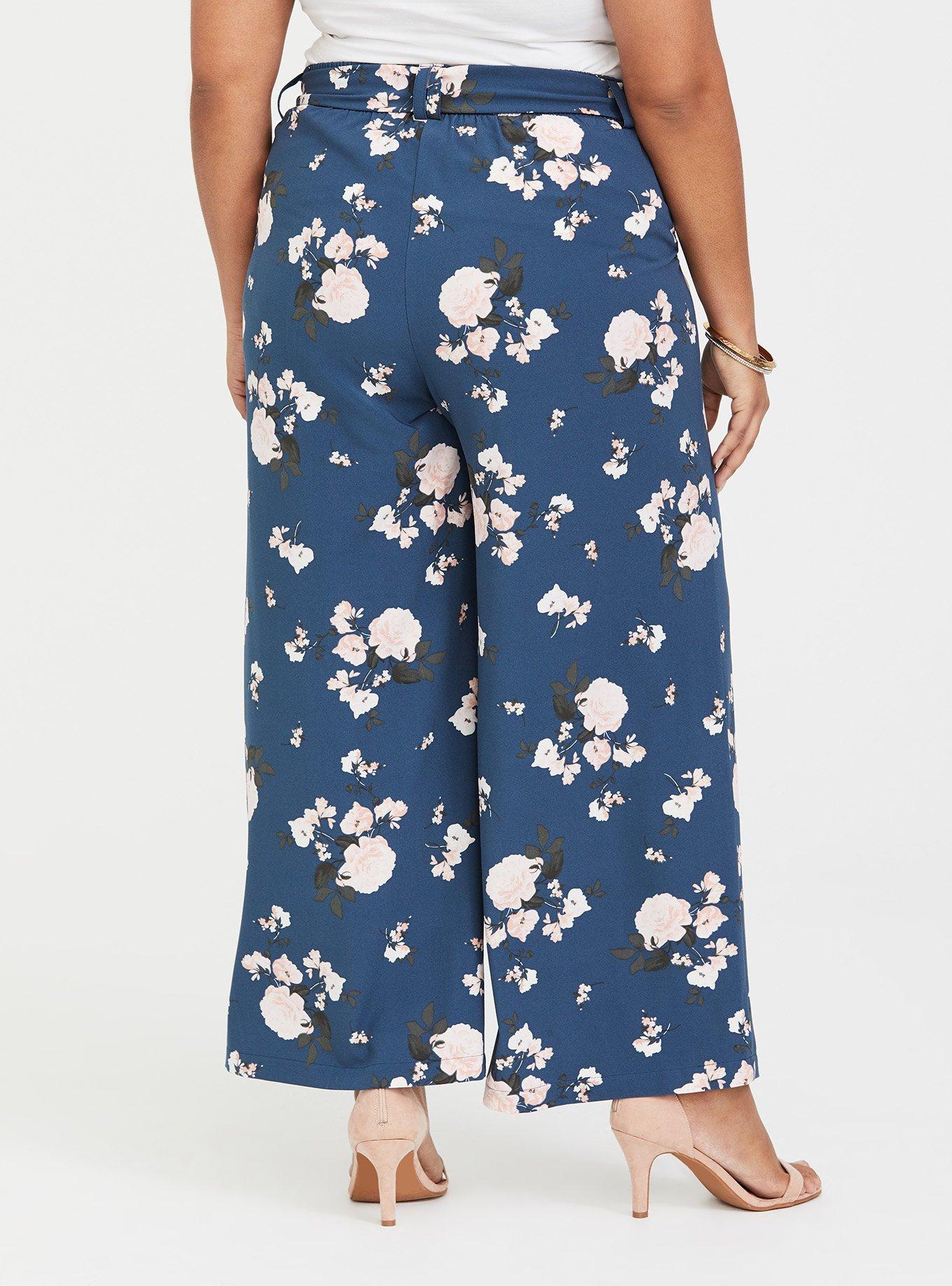 Plus Size Blue Floral Crepe Tie Front Wide Leg Pant, LOVELY DAY, alternate