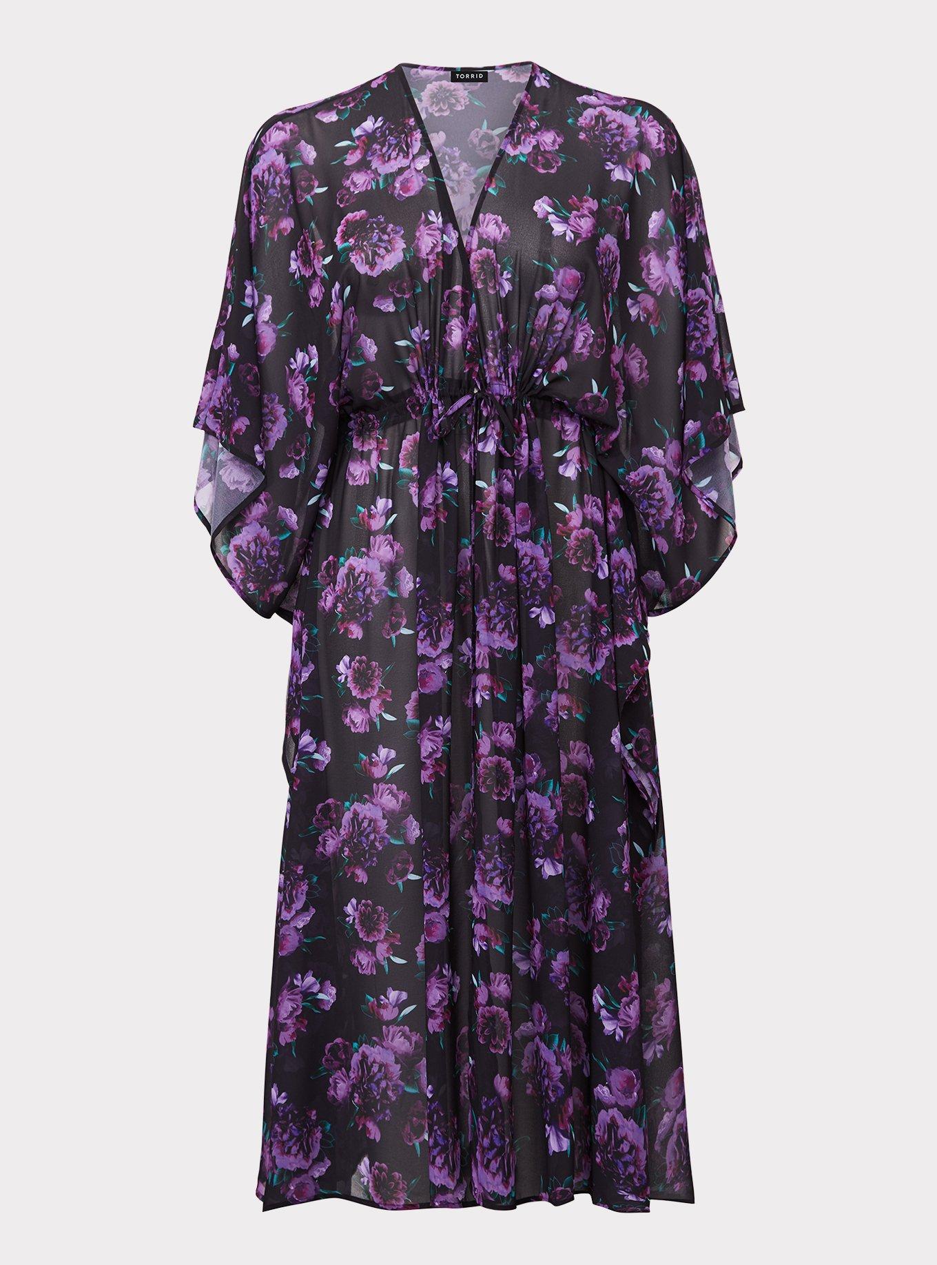 Plus Size - Purple Floral Chiffon Kaftan Swim Cover-Up