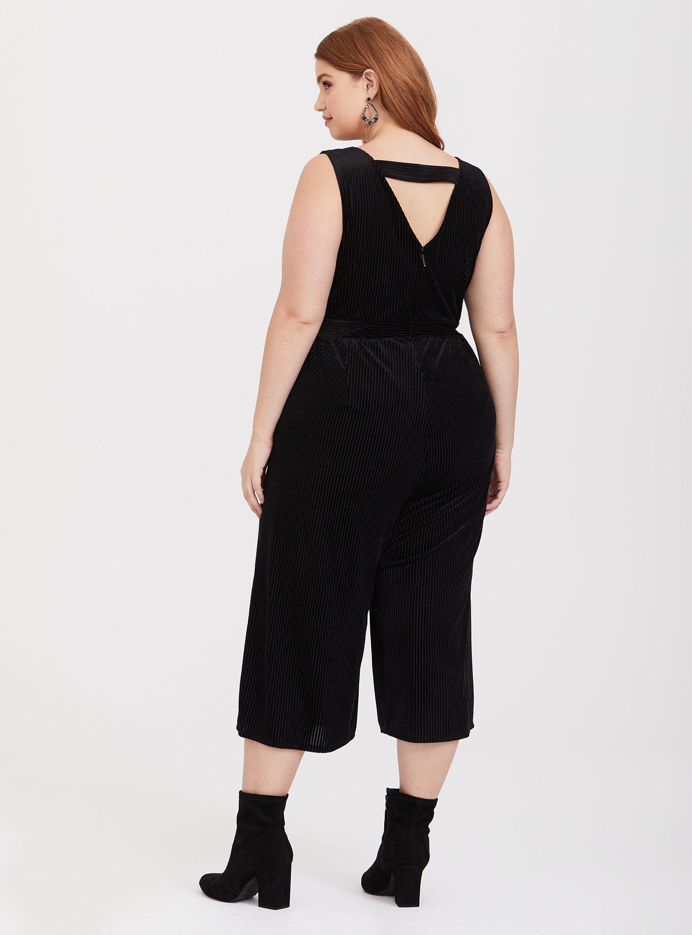Plus Size Black Shadow Stripe Velvet Jumpsuit, DEEP BLACK, alternate