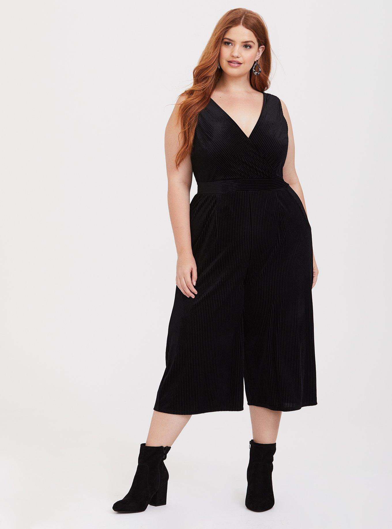 Plus Size Black Shadow Stripe Velvet Jumpsuit, DEEP BLACK, alternate