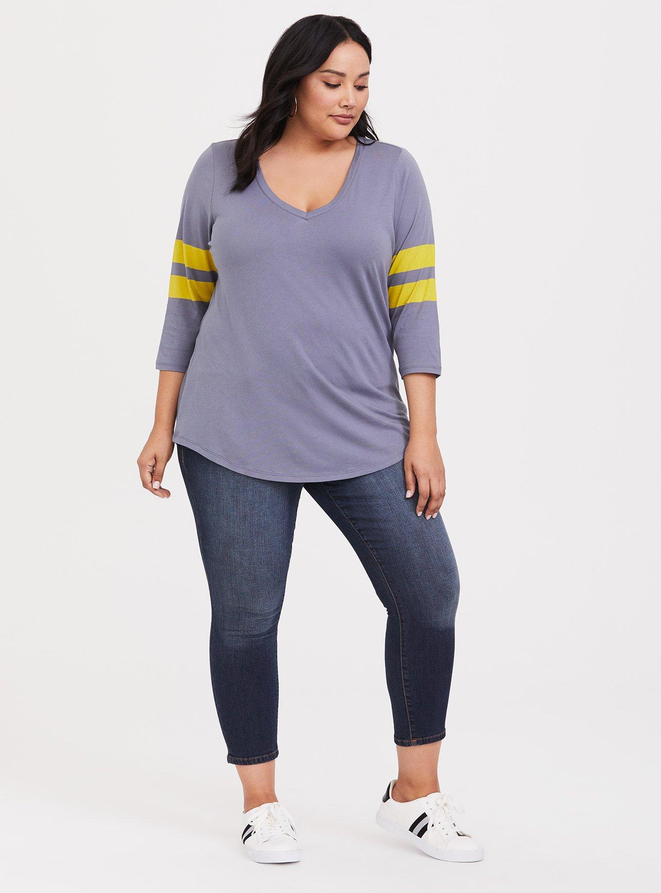 Plus Size Heritage Slub V-Neck Striped Football Tee, GREY VNECK, alternate