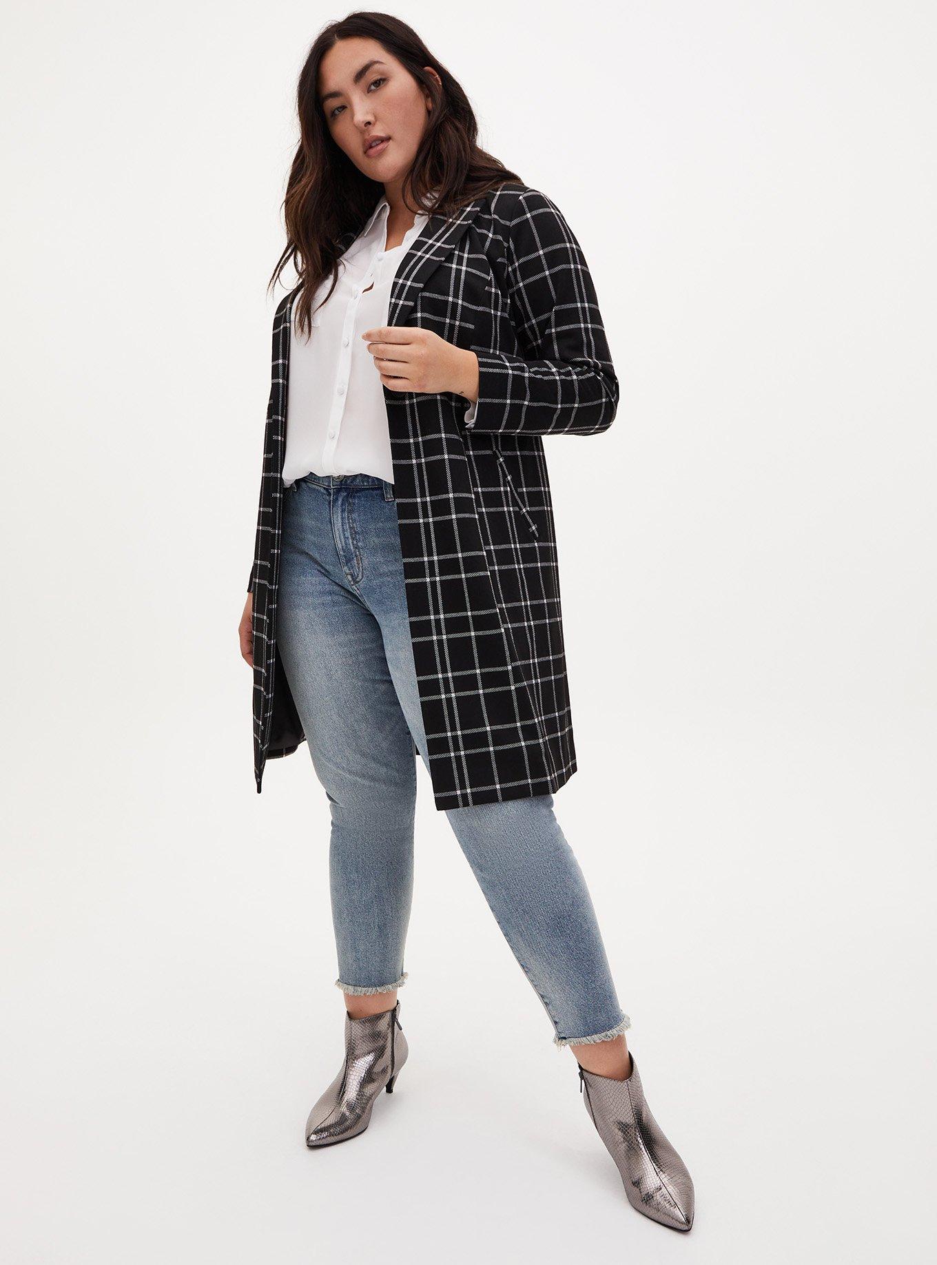 Textured Plaid Trench Coat, PLAID BLACK, alternate