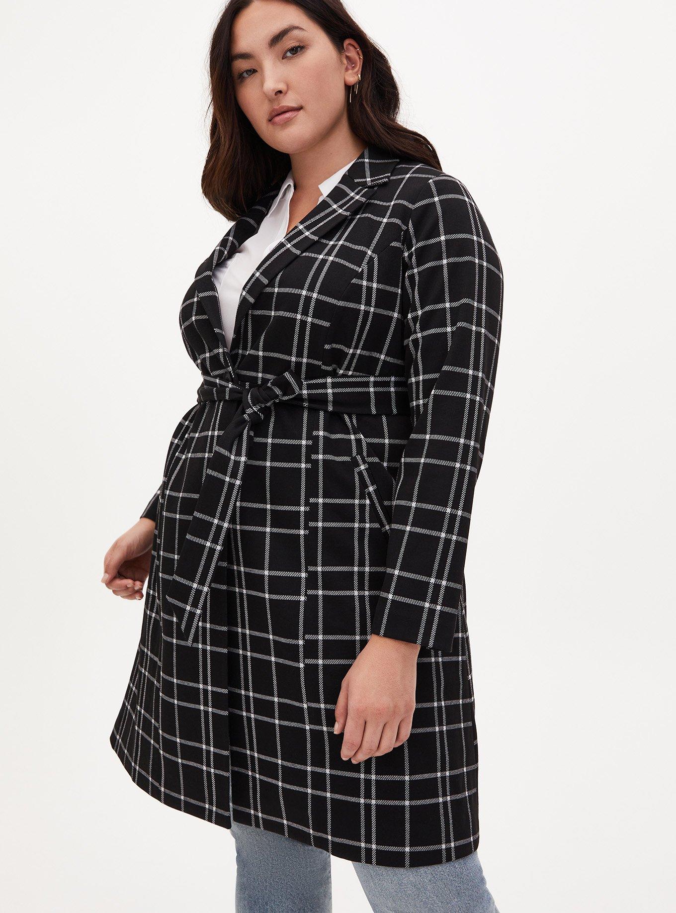 Textured Plaid Trench Coat, PLAID BLACK, alternate