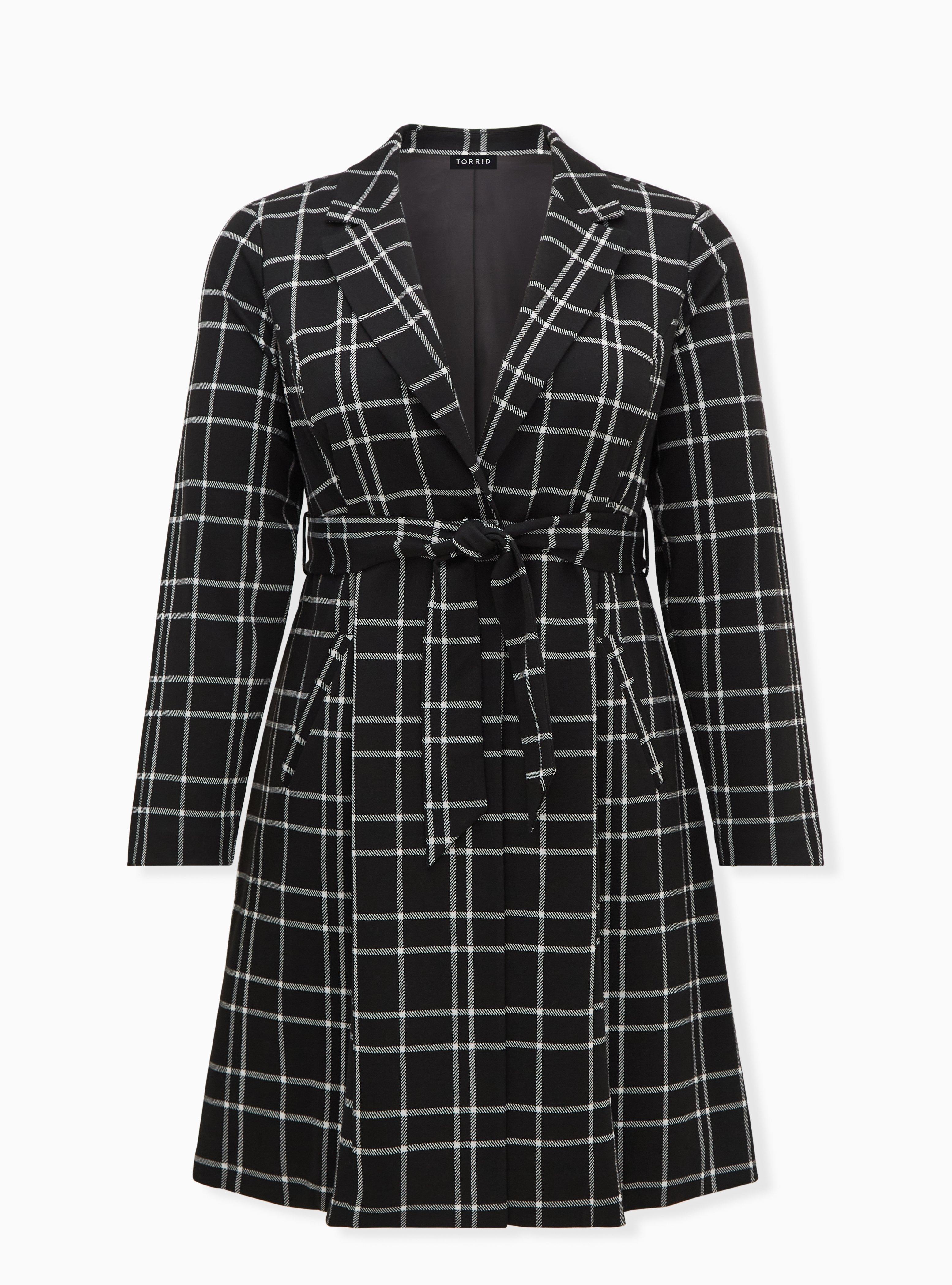 Textured Plaid Trench Coat, PLAID BLACK, hi-res