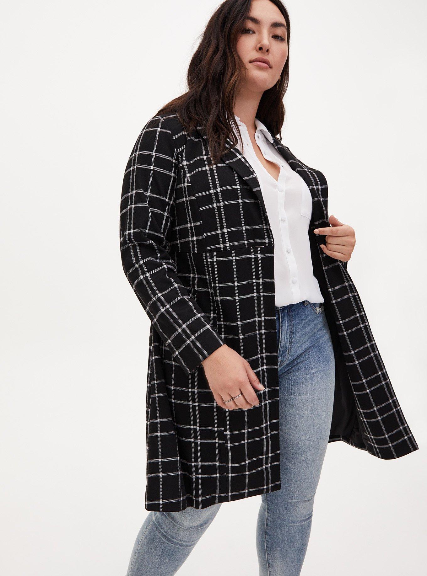 Textured Plaid Trench Coat, PLAID BLACK, hi-res
