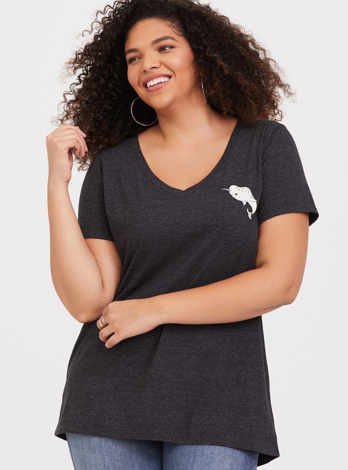 Plus Size Charcoal Grey Narwhal Slim Fit V-Neck Tee, CHARCOAL, alternate