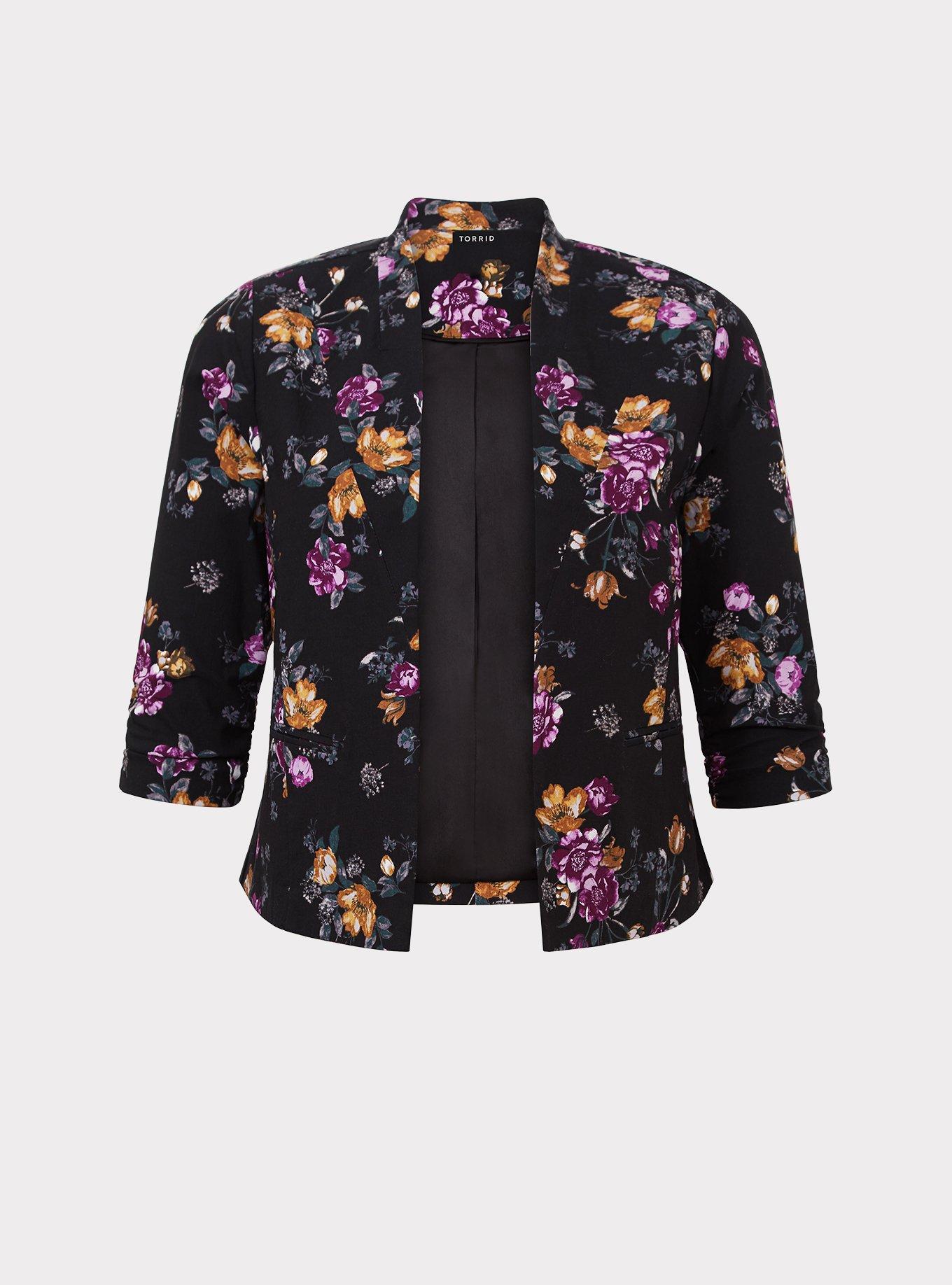 Black Floral Cutaway Blazer, , hi-res