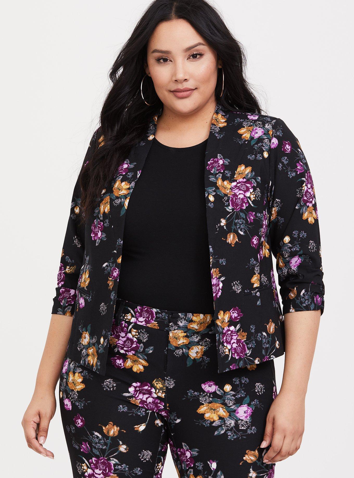 Black Floral Cutaway Blazer, , hi-res