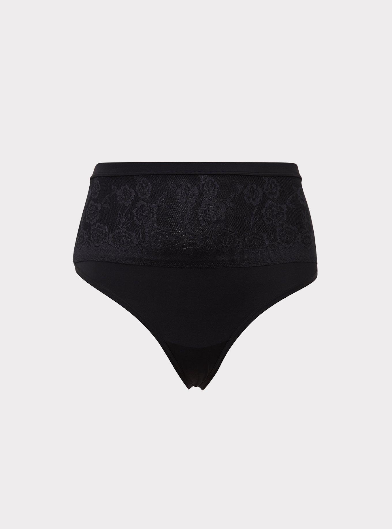 Microfiber and Lace Thong Panty - Black