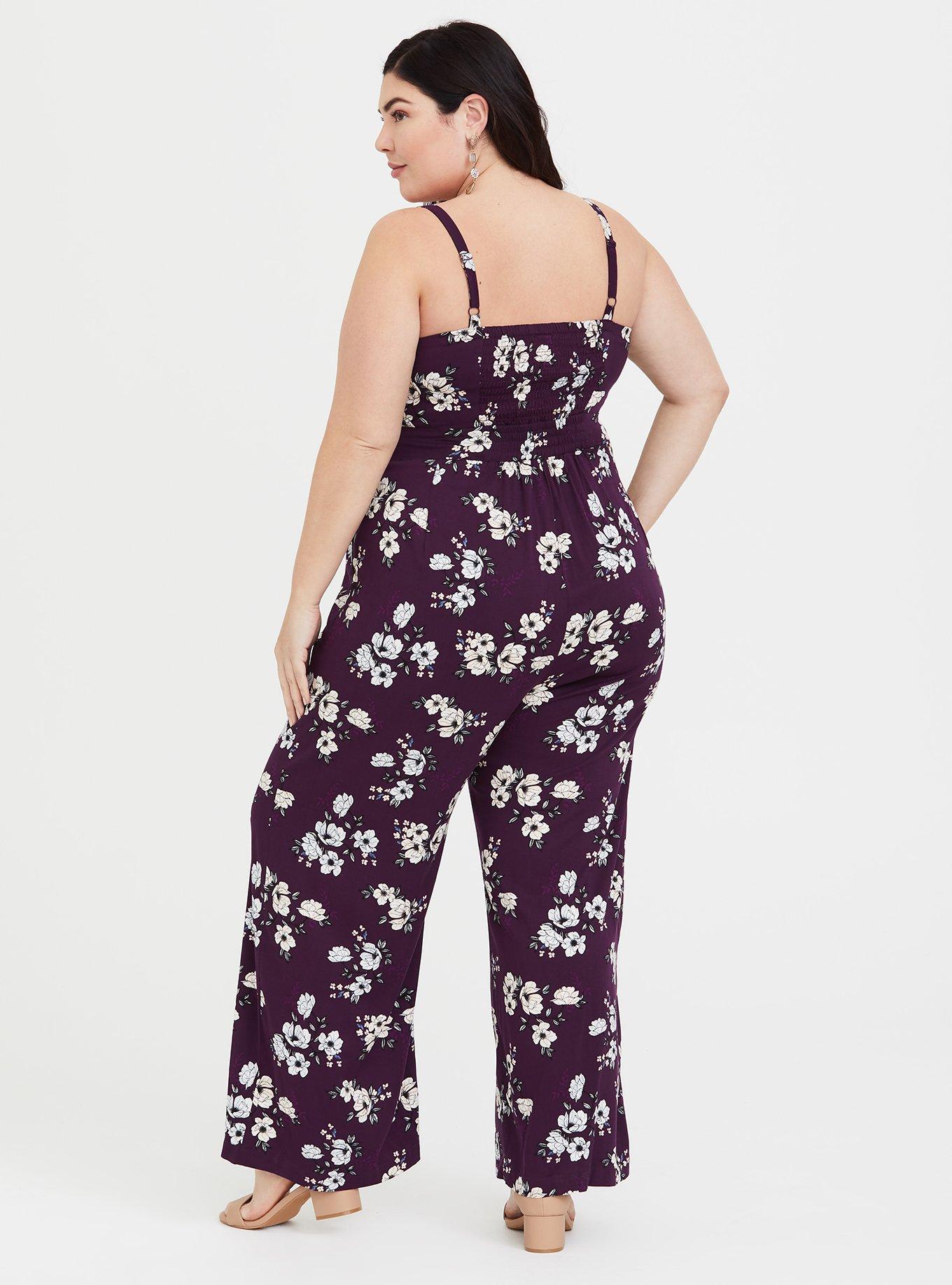 Plus Size - Purple Floral Wide Leg Challis Jumpsuit - Torrid