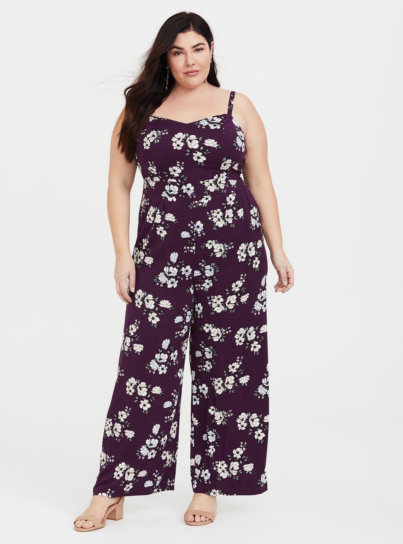 Purple Floral Wide Leg Challis Jumpsuit