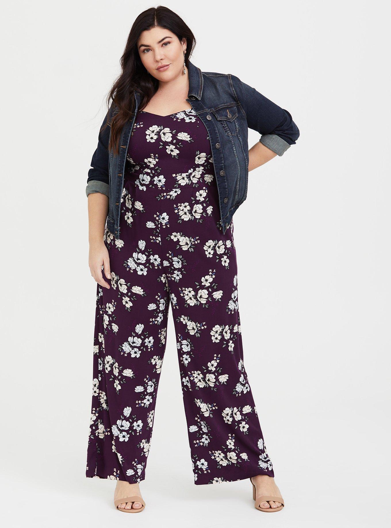 Purple Floral Wide Leg Challis Jumpsuit