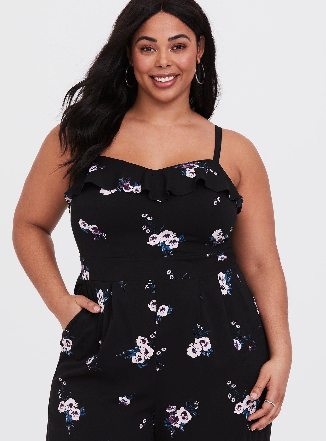 Plus Size - Black Floral Wide Leg Jumpsuit - Torrid