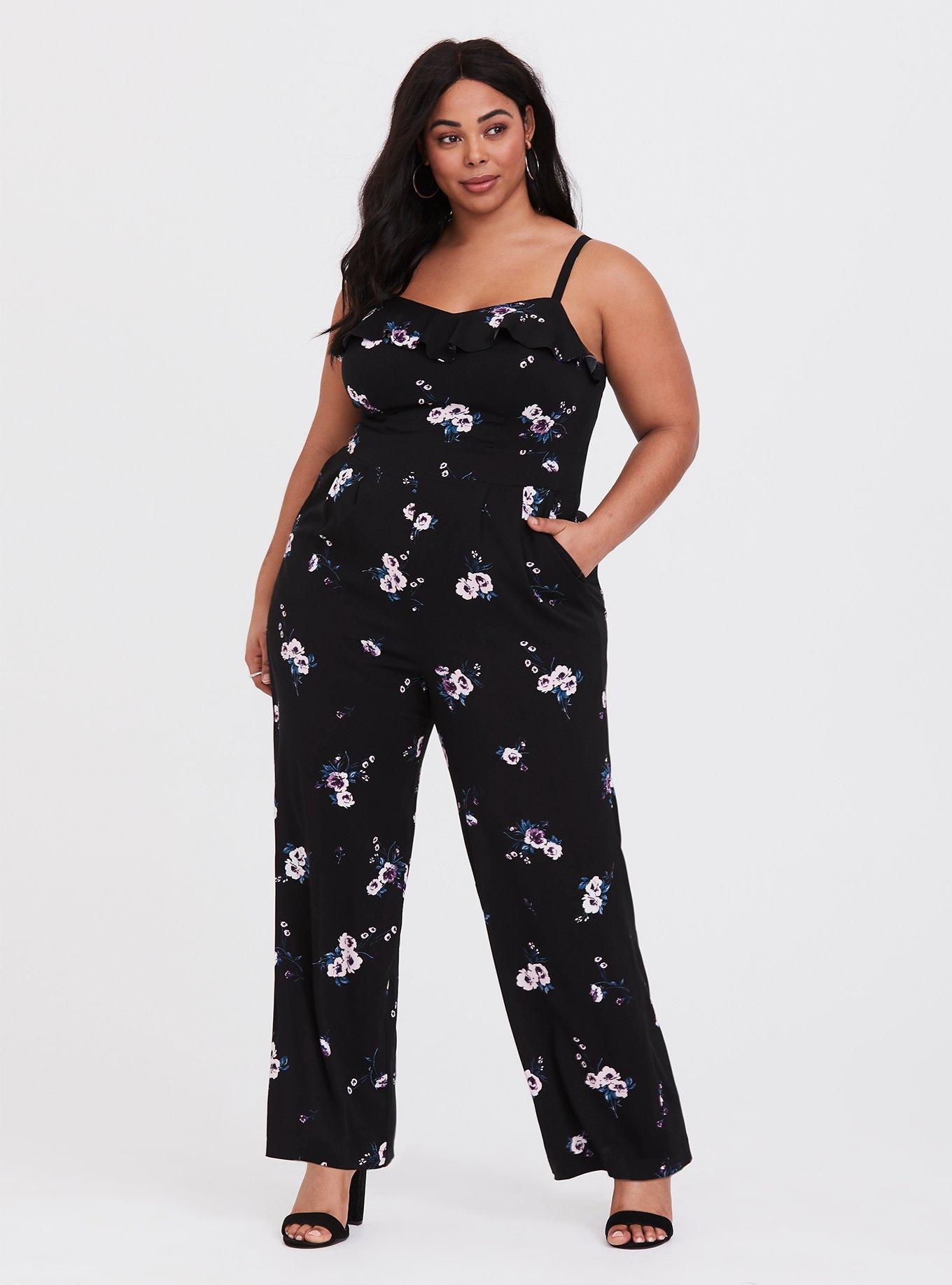 Plus Size - Black Floral Wide Leg Jumpsuit - Torrid