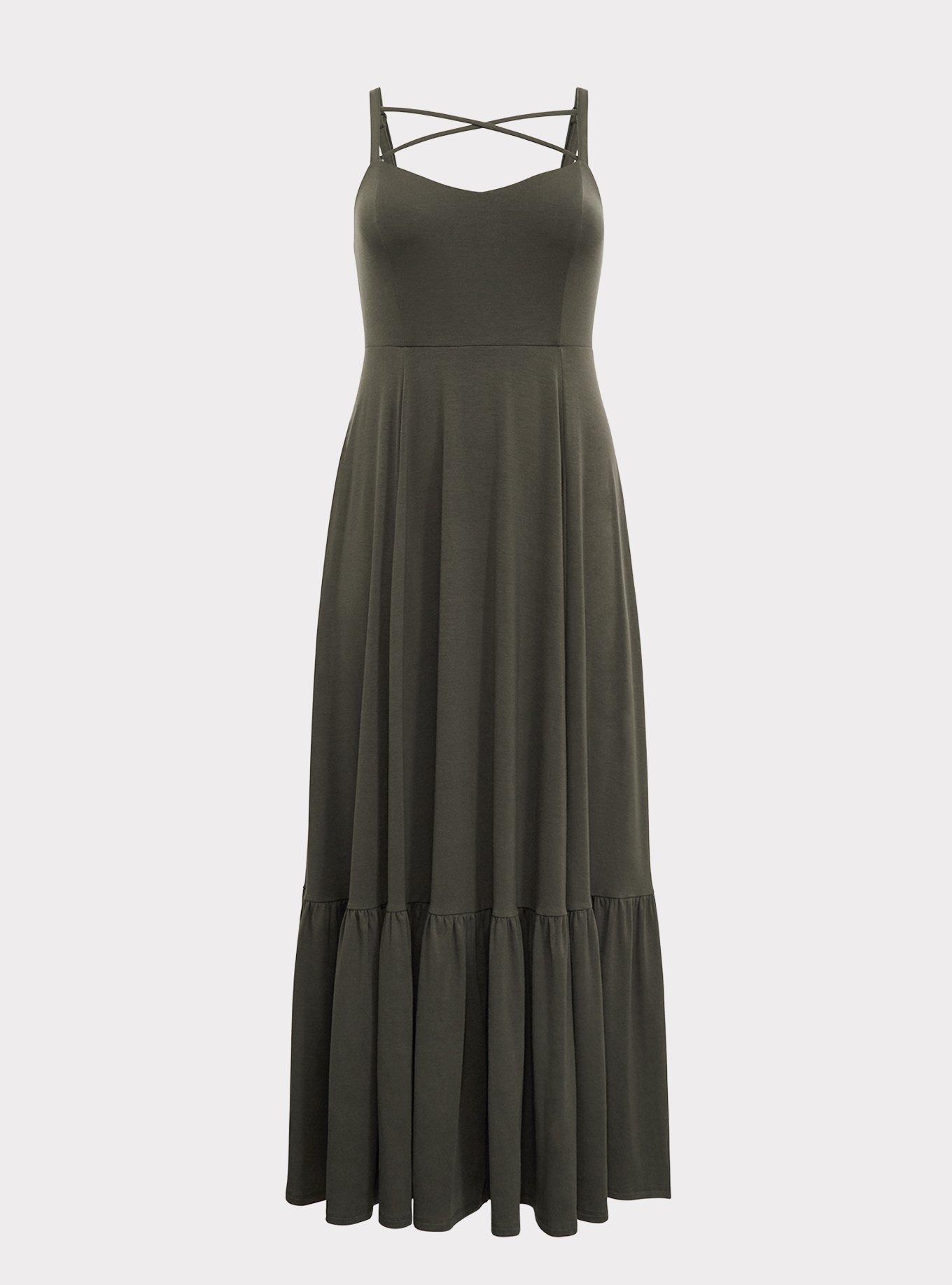 Plus Size - Olive Green Jersey Crisscross Shirred Maxi Dress - Torrid