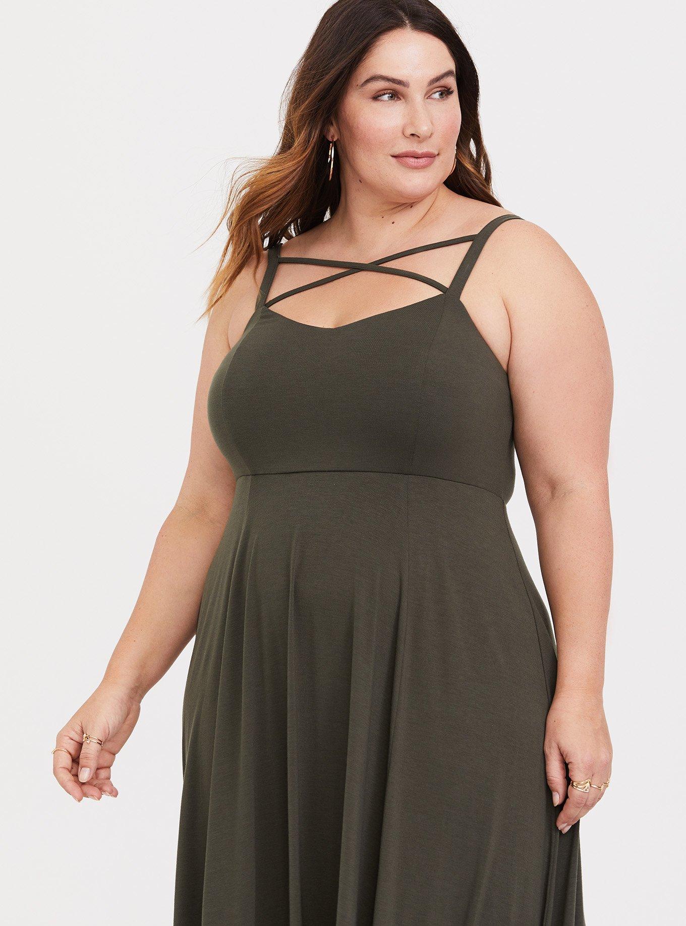 olive green maxi dress plus size Plus Size - Olive Green Jersey Crisscross Shirred Maxi Dress