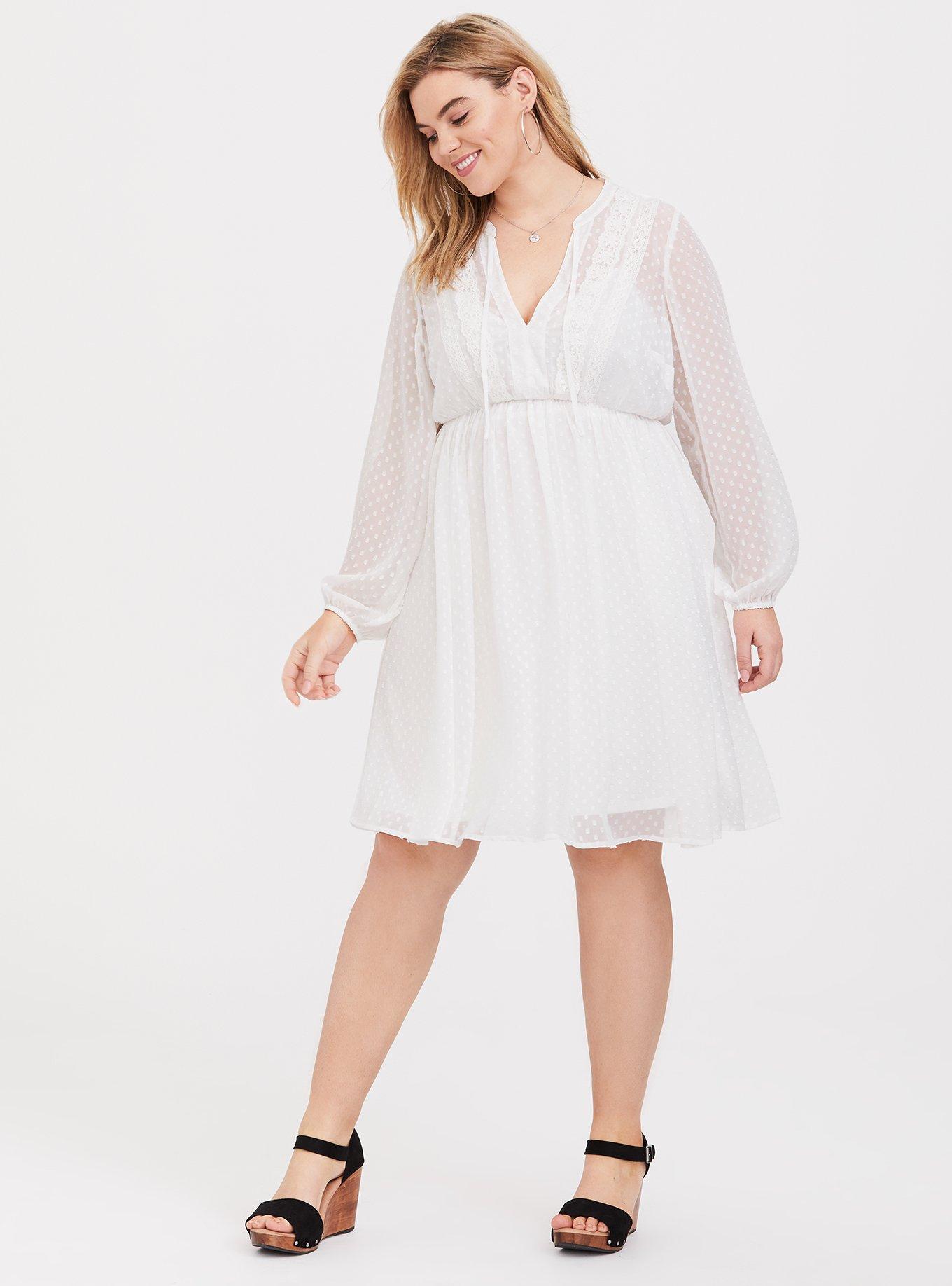 Plus Size White Clip Dot Chiffon Babydoll Dress, , hi-res