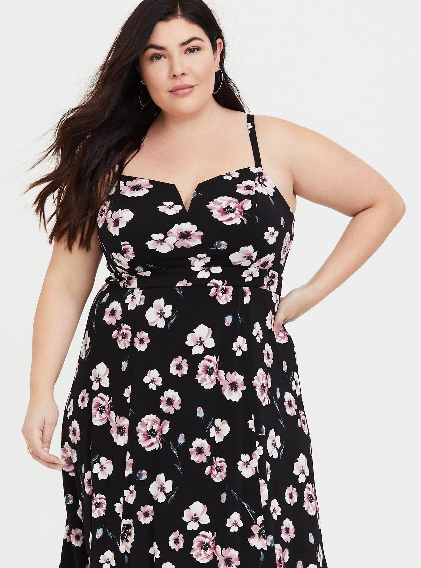 Plus Size Black Floral Crepe Maxi Dress, DEEP BLACK, alternate
