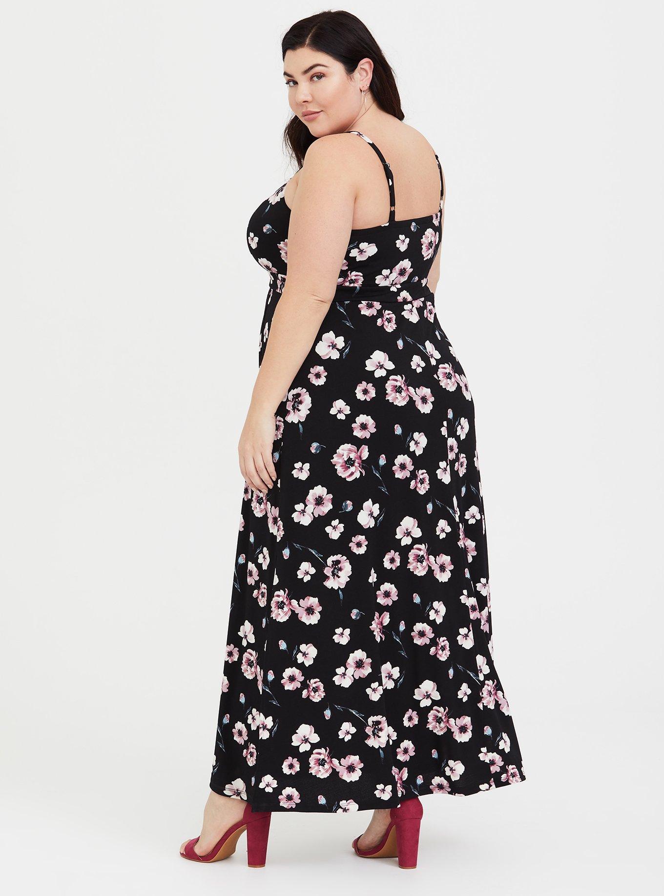 Plus Size Black Floral Crepe Maxi Dress, DEEP BLACK, alternate