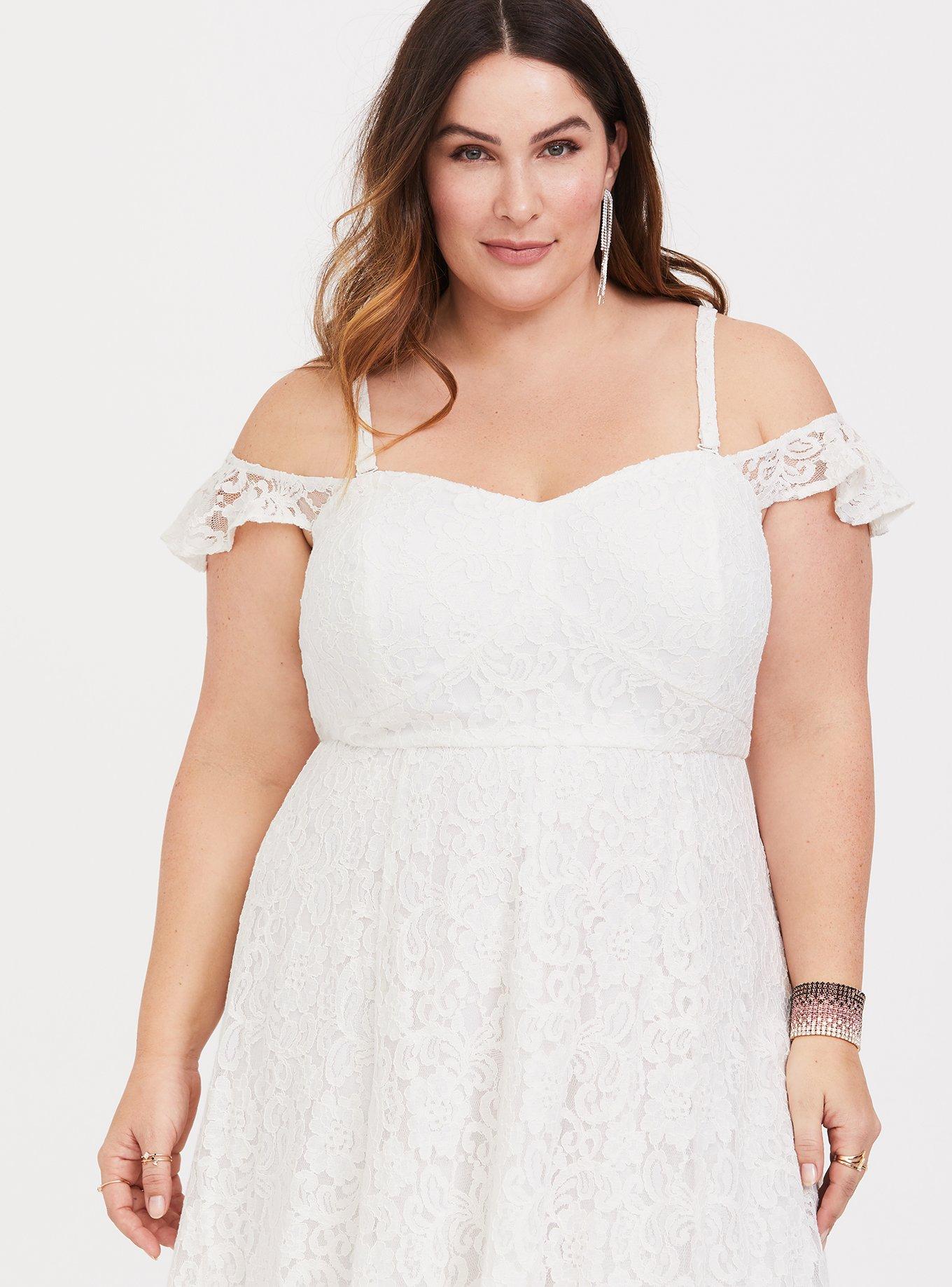 Plus Size Special Occasion Ivory Lace Hi-Lo Gown, CLOUD DANCER, alternate