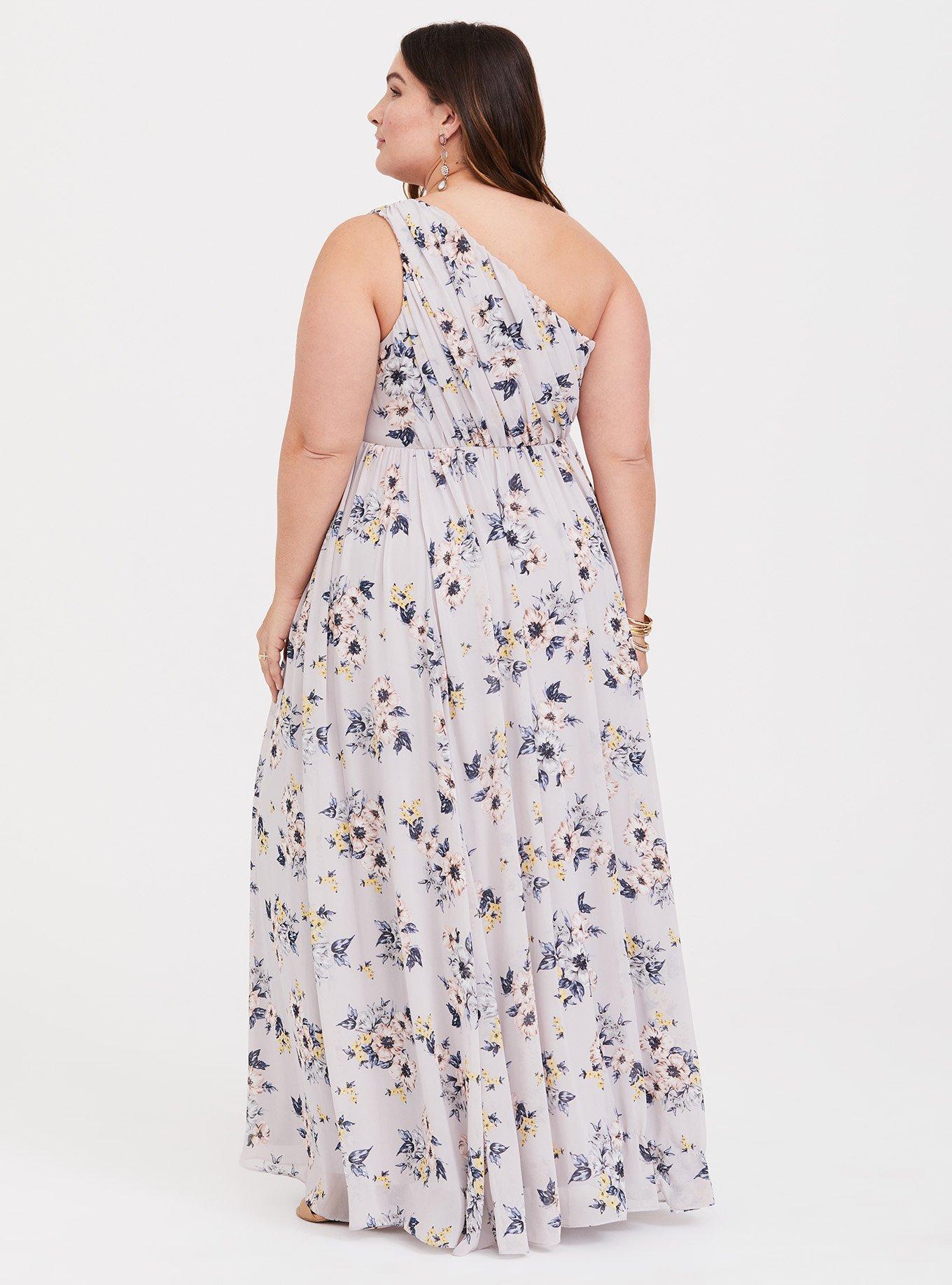 Plus Size - Grey Floral One-Shoulder Chiffon Maxi Dress - Torrid