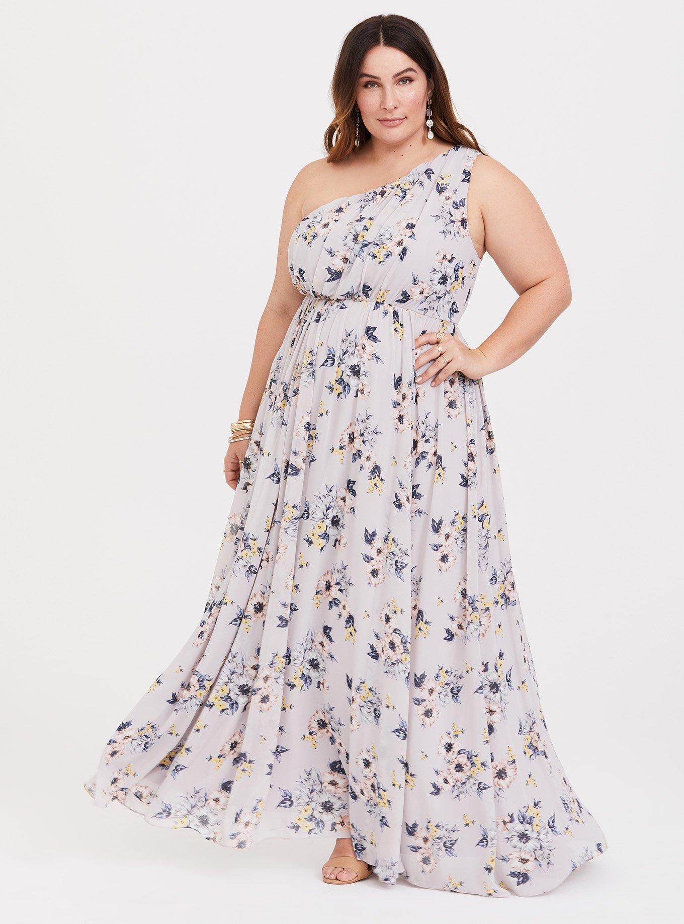 Plus Size Grey Floral One Shoulder Chiffon Maxi Dress Torrid
