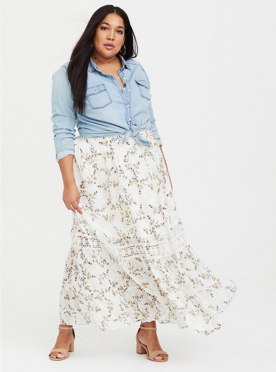 Plus Size - White Floral Crochet Chiffon Maxi Skirt - Torrid
