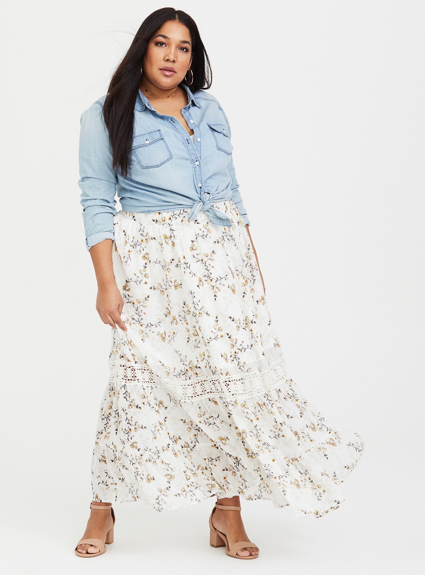 White Floral Crochet Chiffon Maxi Skirt, , hi-res