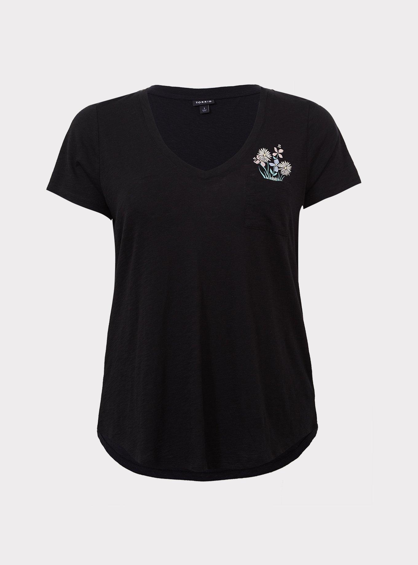 Black Blooming Skull V-Neck Tee, DEEP BLACK, hi-res
