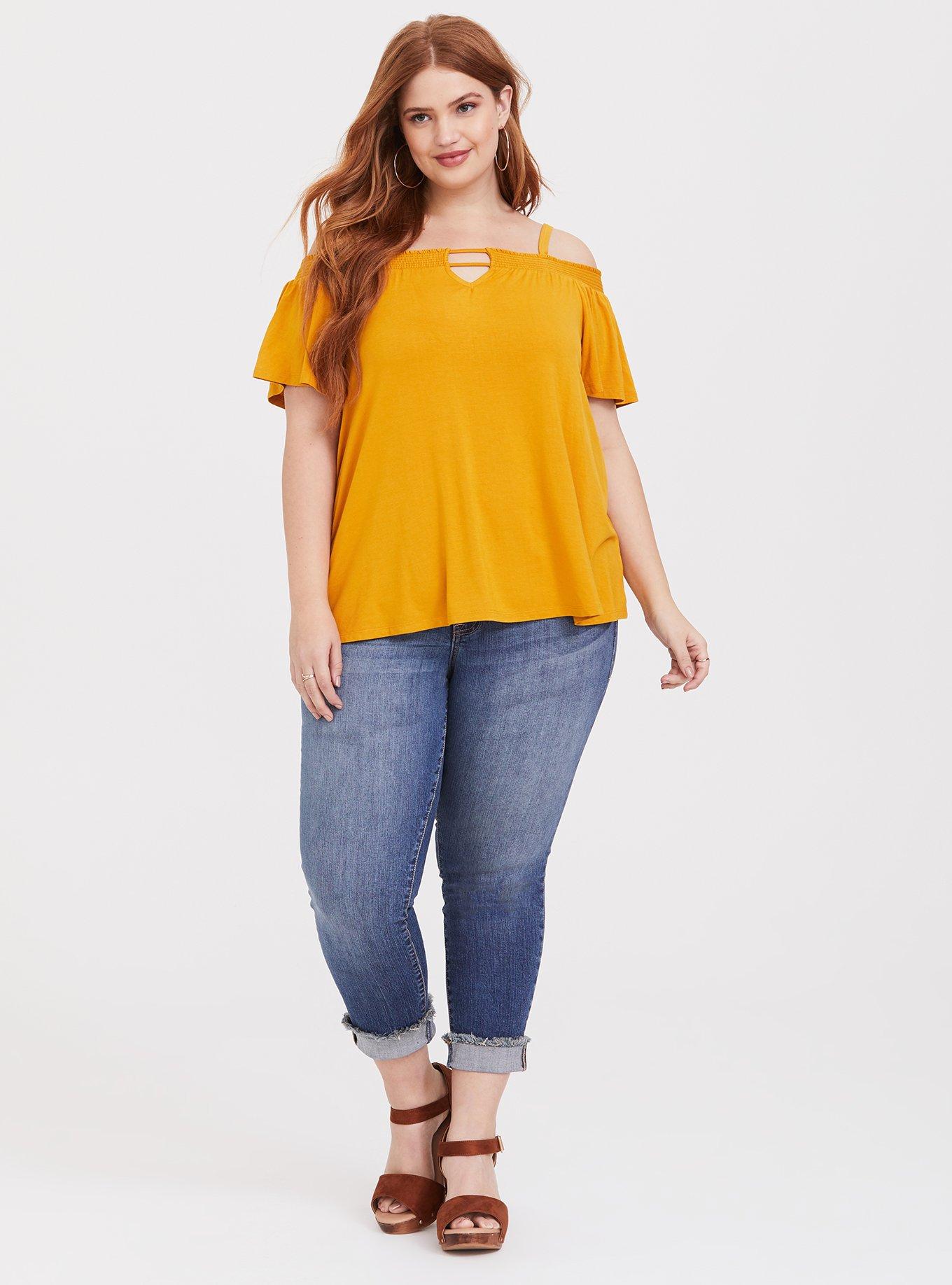 Plus Size Super Soft Yellow Cold Shoulder Top, GOLDEN YELLOW, alternate