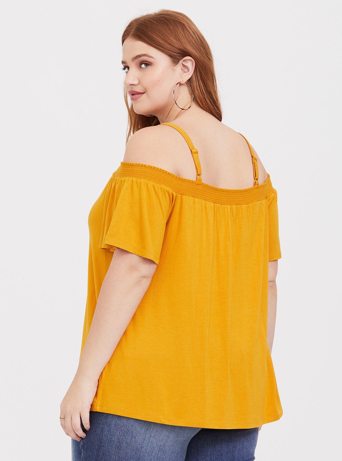 Plus Size Super Soft Yellow Cold Shoulder Top, GOLDEN YELLOW, alternate