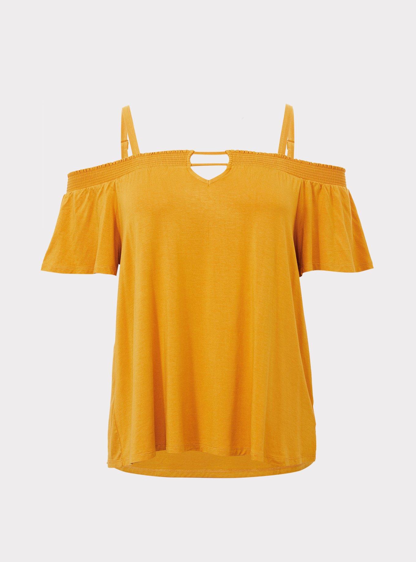 Plus Size Super Soft Yellow Cold Shoulder Top, GOLDEN YELLOW, hi-res