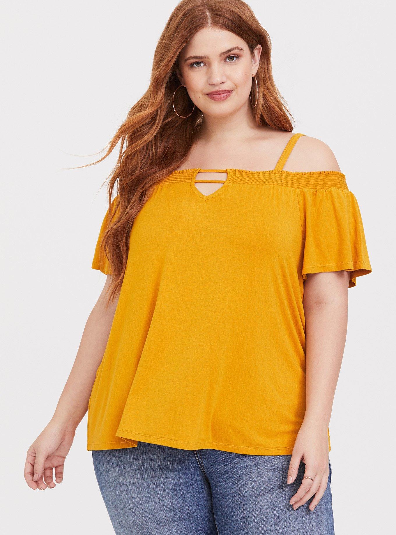 Plus Size Super Soft Yellow Cold Shoulder Top, GOLDEN YELLOW, hi-res