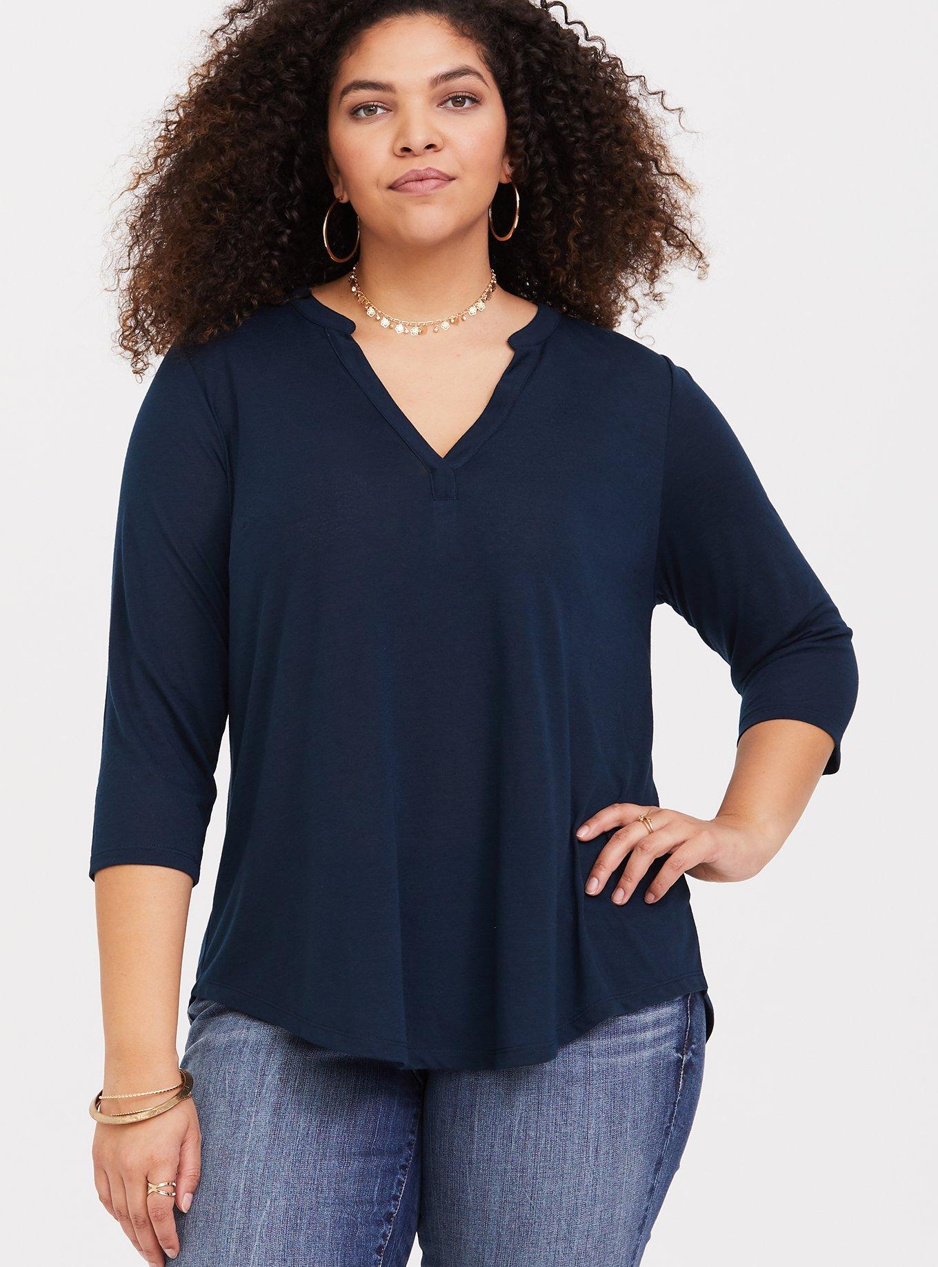 Knit V-Neck Drape Three Quarter Sleeve Top, VIVID BLUE, alternate