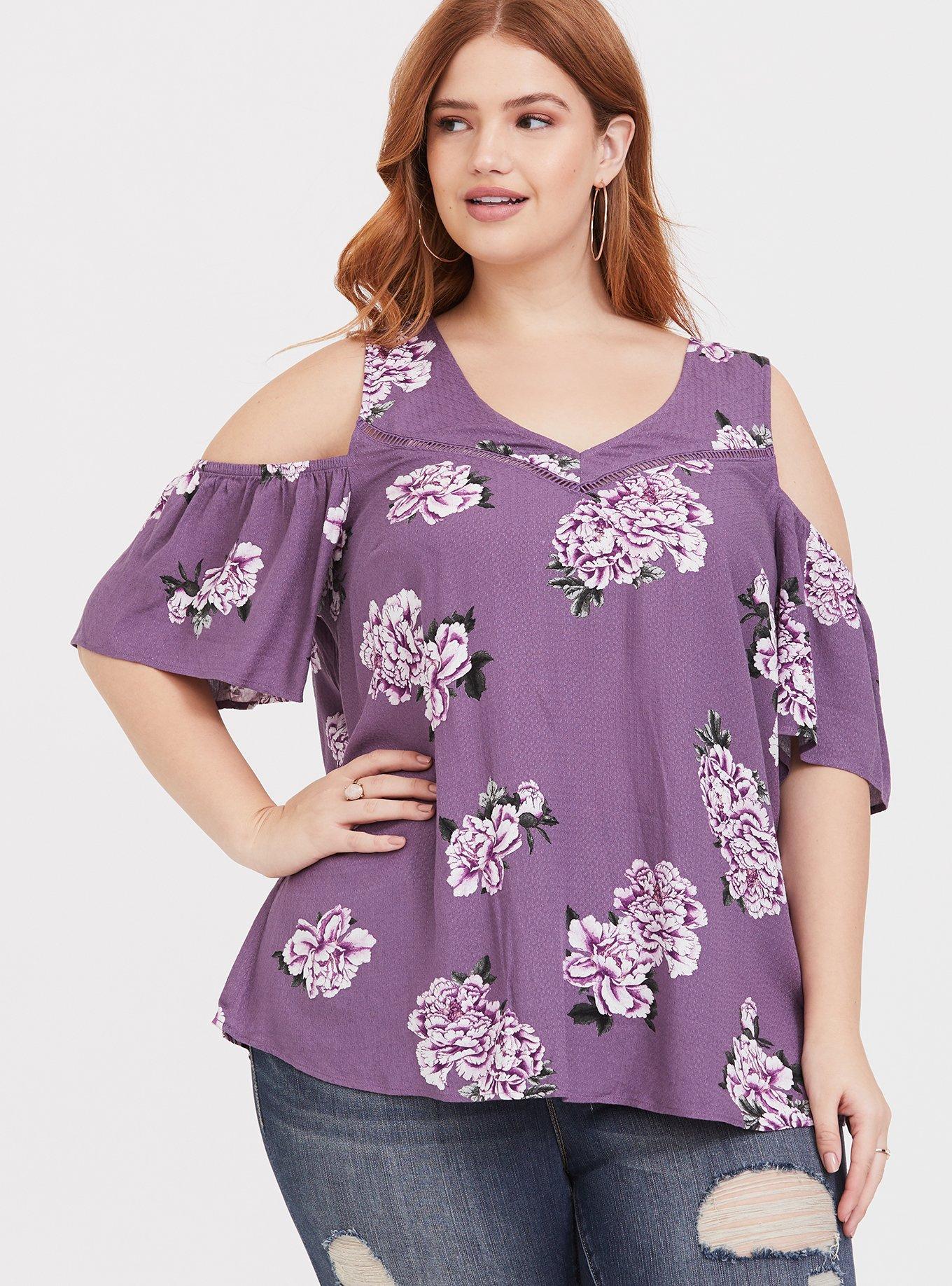 Plus Size - Textured Woven With Eyelet Trim Cold Shoulder Top - Torrid