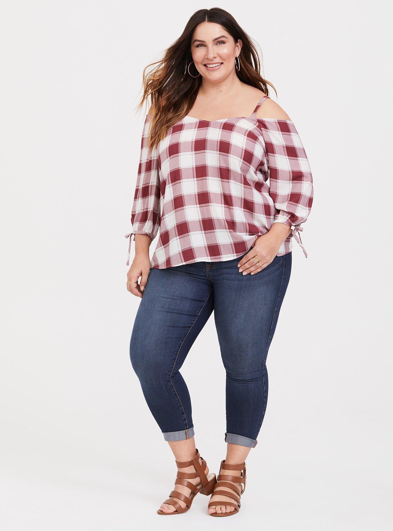 Red Plaid Crepe Cold Shoulder Blouse, LINED PLAID, alternate