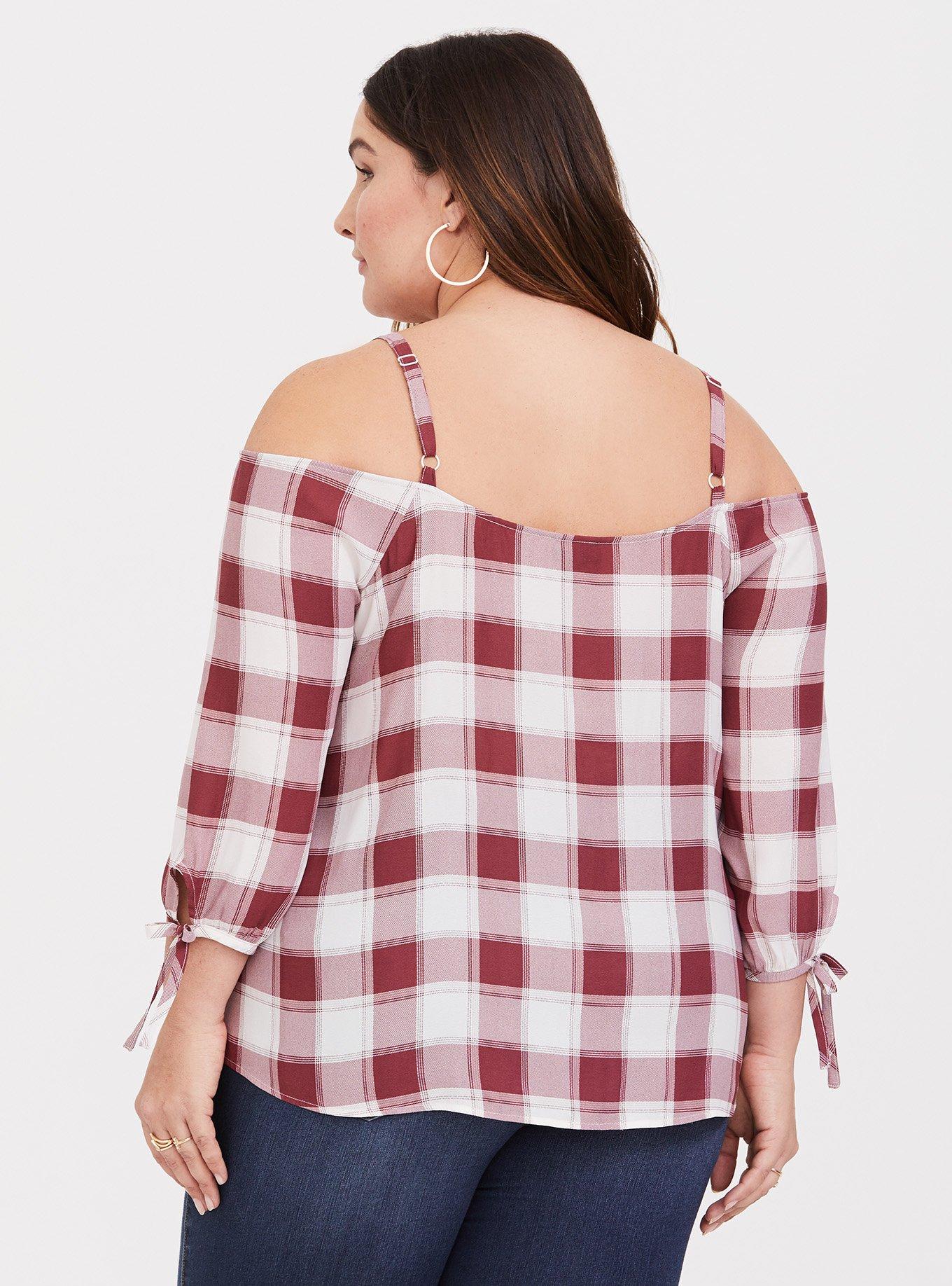 Red Plaid Crepe Cold Shoulder Blouse, LINED PLAID, alternate