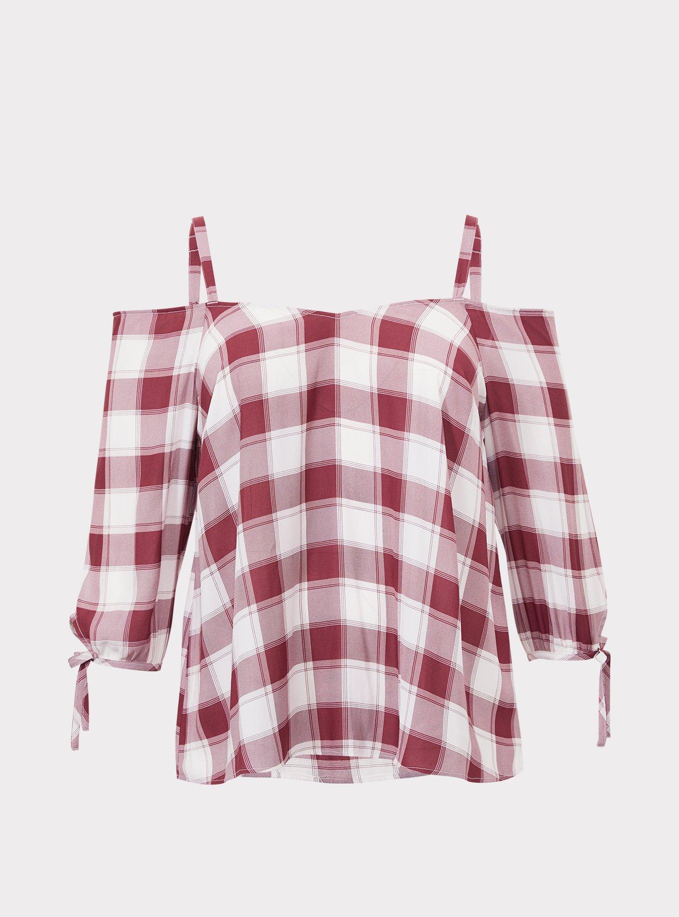 Red Plaid Crepe Cold Shoulder Blouse, LINED PLAID, hi-res